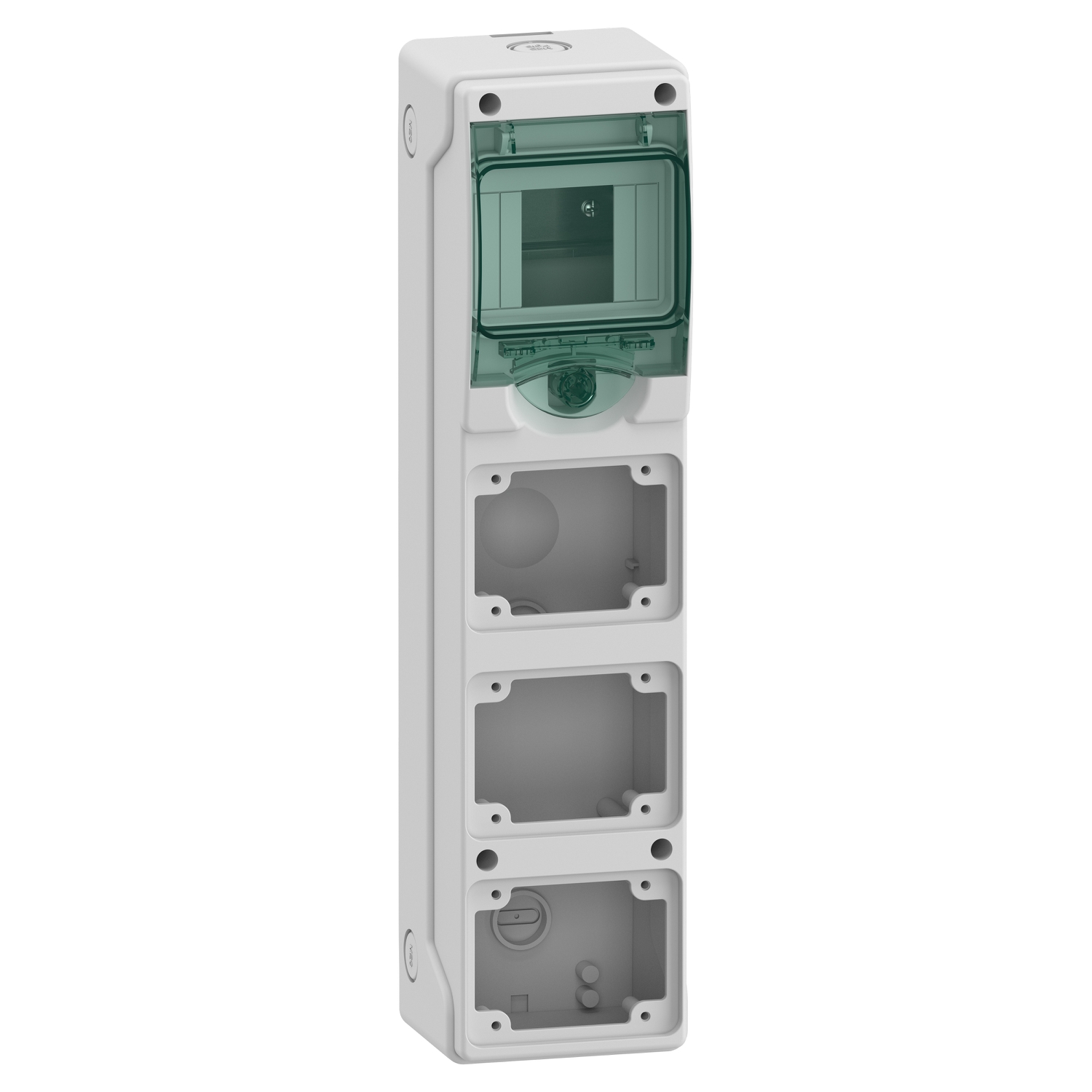 Schneider Electric Schneider Electric 13177 – Mini enclosure for power outlet, Mureva Enclosure, 1x4 mod., 3 openings 65x85mm, (W)98mm x (H)392mm, without term. block