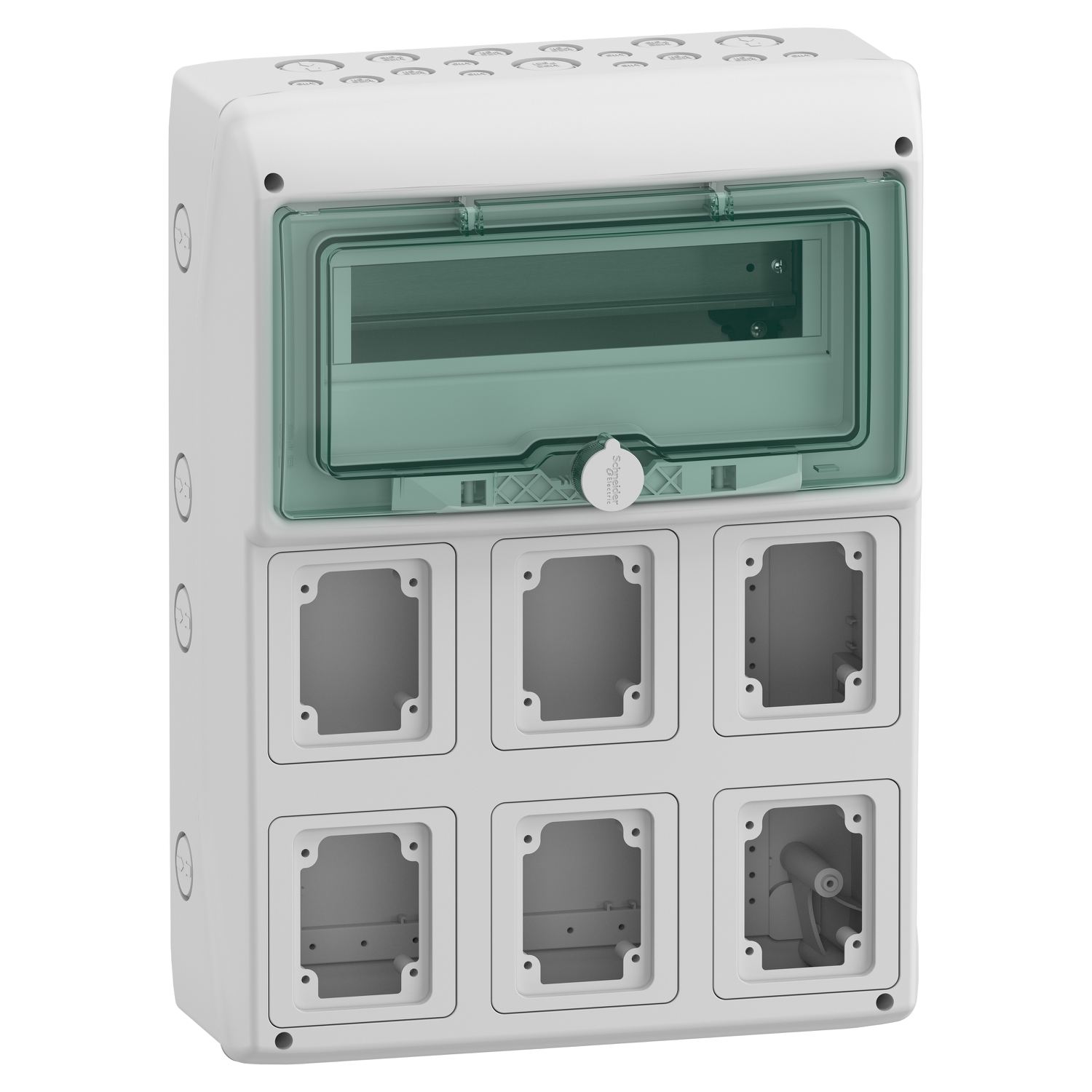 Schneider Electric Schneider Electric 13181 – Enclosure for power outlet, Mureva Enclosure, 1x12 modules, 6 openings 90x100mm, (W)340mm x (H)460mm, without term block