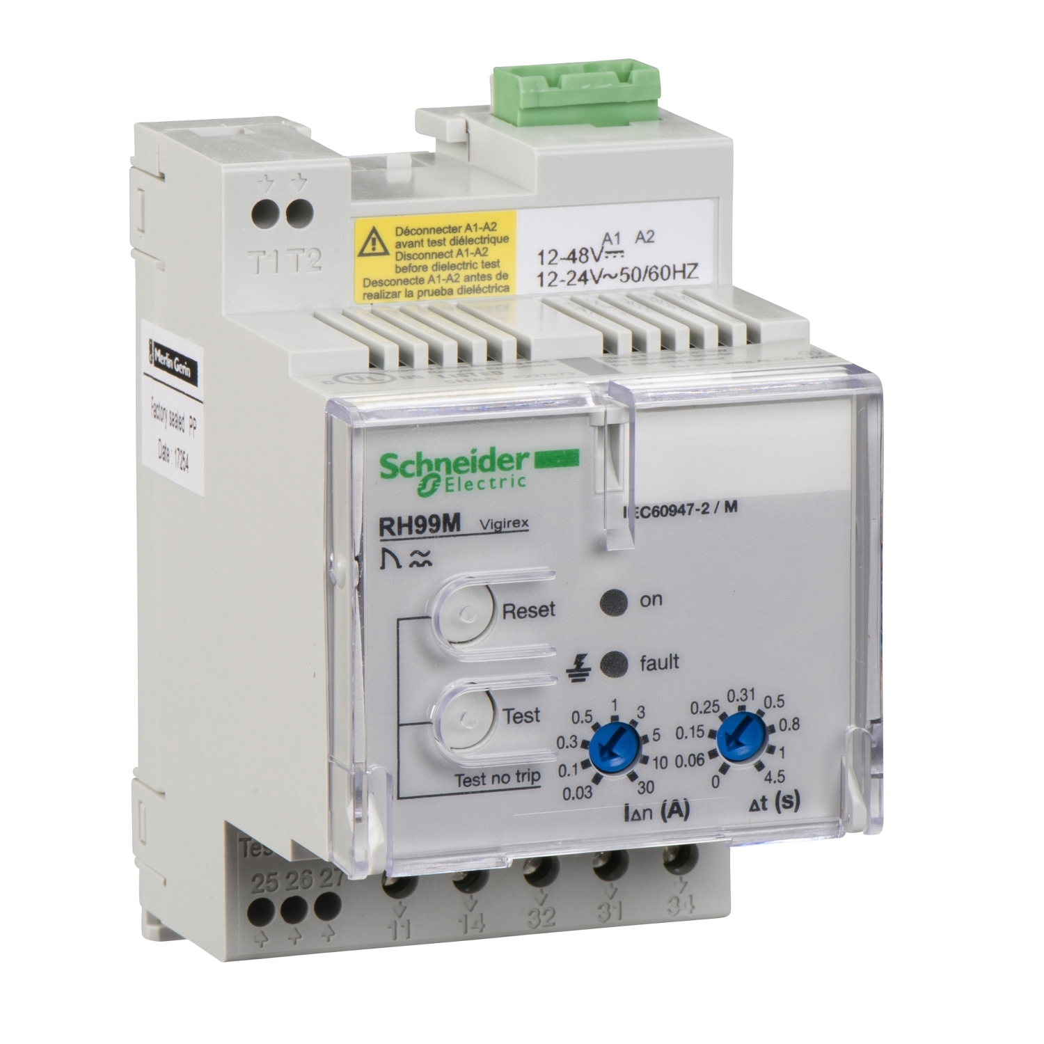 Schneider Electric Schneider Electric 56170 – Residual current protection relay, VigiPacT RH99M, 30 mA-30A, 12/24VAC 50/60Hz, 12/48VDC, DIN rail mounting
