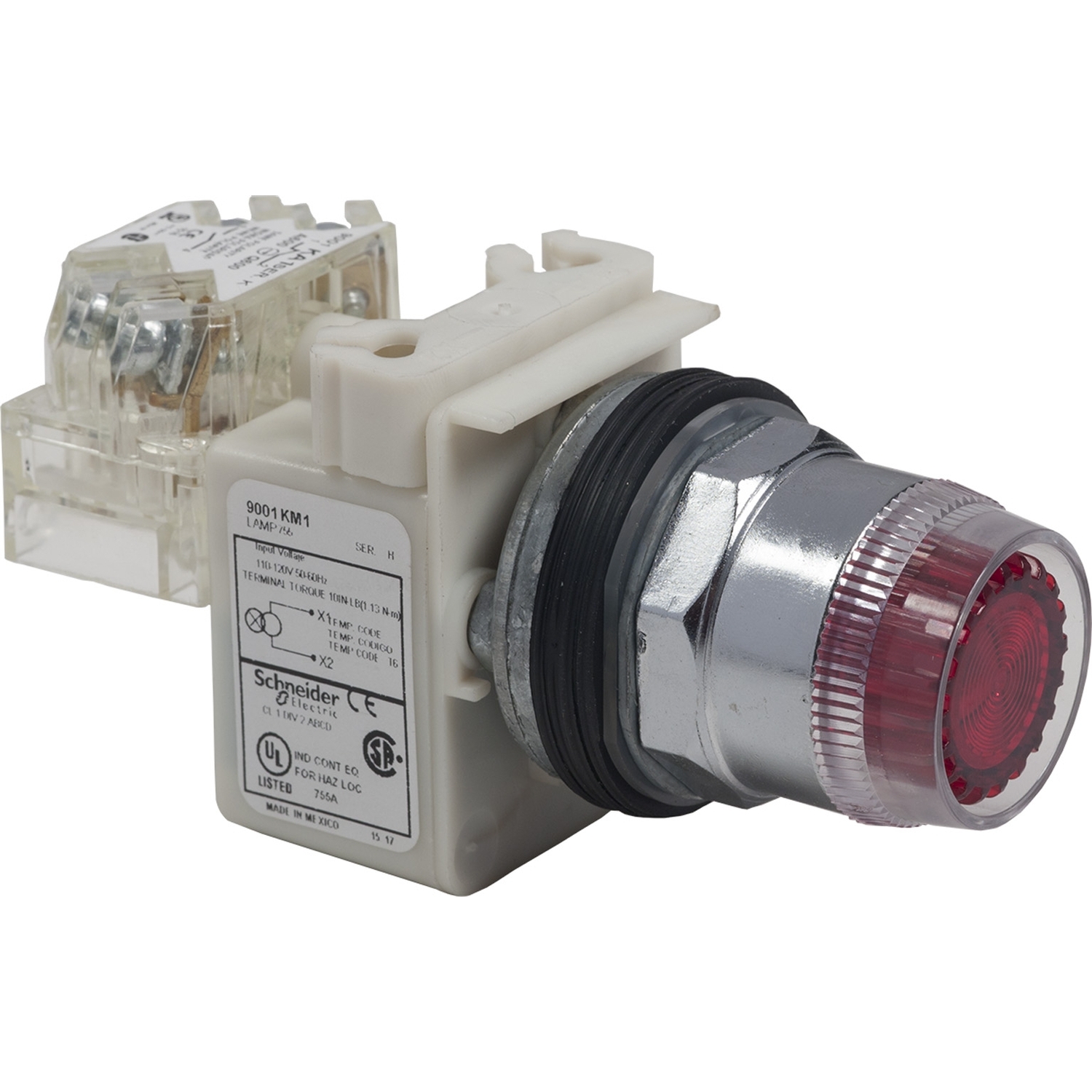 Schneider Electric Schneider Electric 9001K1L1RH13 – Illuminated push button, Harmony 9001K, metal, plastic guard flush, red, 30mm, spring return, 110...120 V, 1 CO