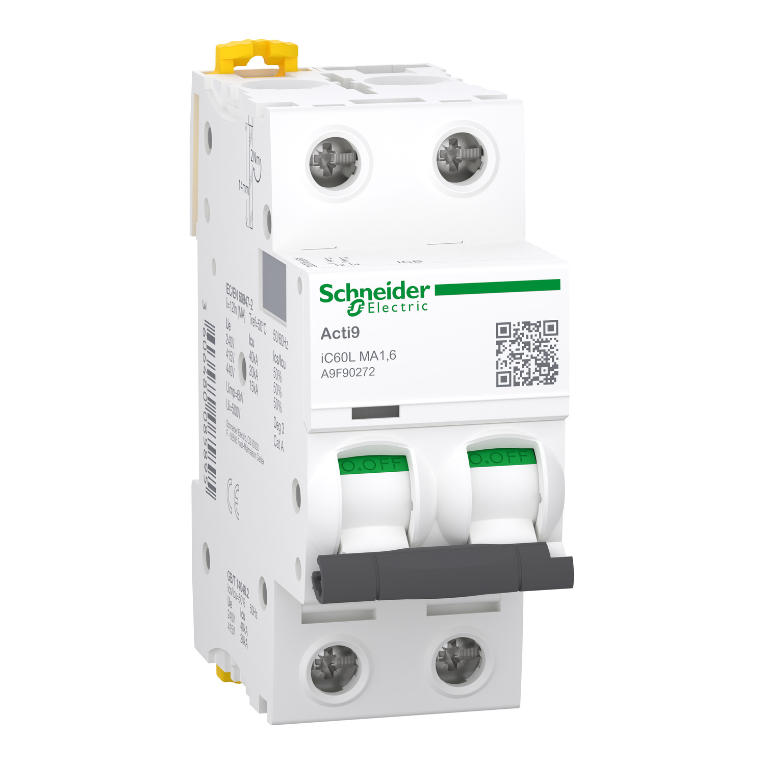 Schneider Electric Schneider Electric A9F90272 – Miniature circuit breaker (MCB), Acti9 iC60L, 2P, 1.6A, MA curve, 20 kA (IEC/EN 60947-2)