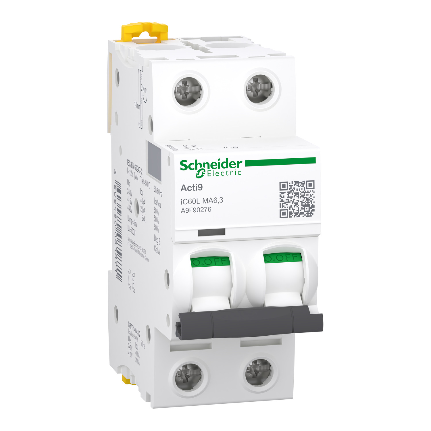 Schneider Electric Schneider Electric A9F90276 – Miniature circuit breaker (MCB), Acti9 iC60L, 2P, 6.3A, MA curve, 20 kA (IEC/EN 60947-2)