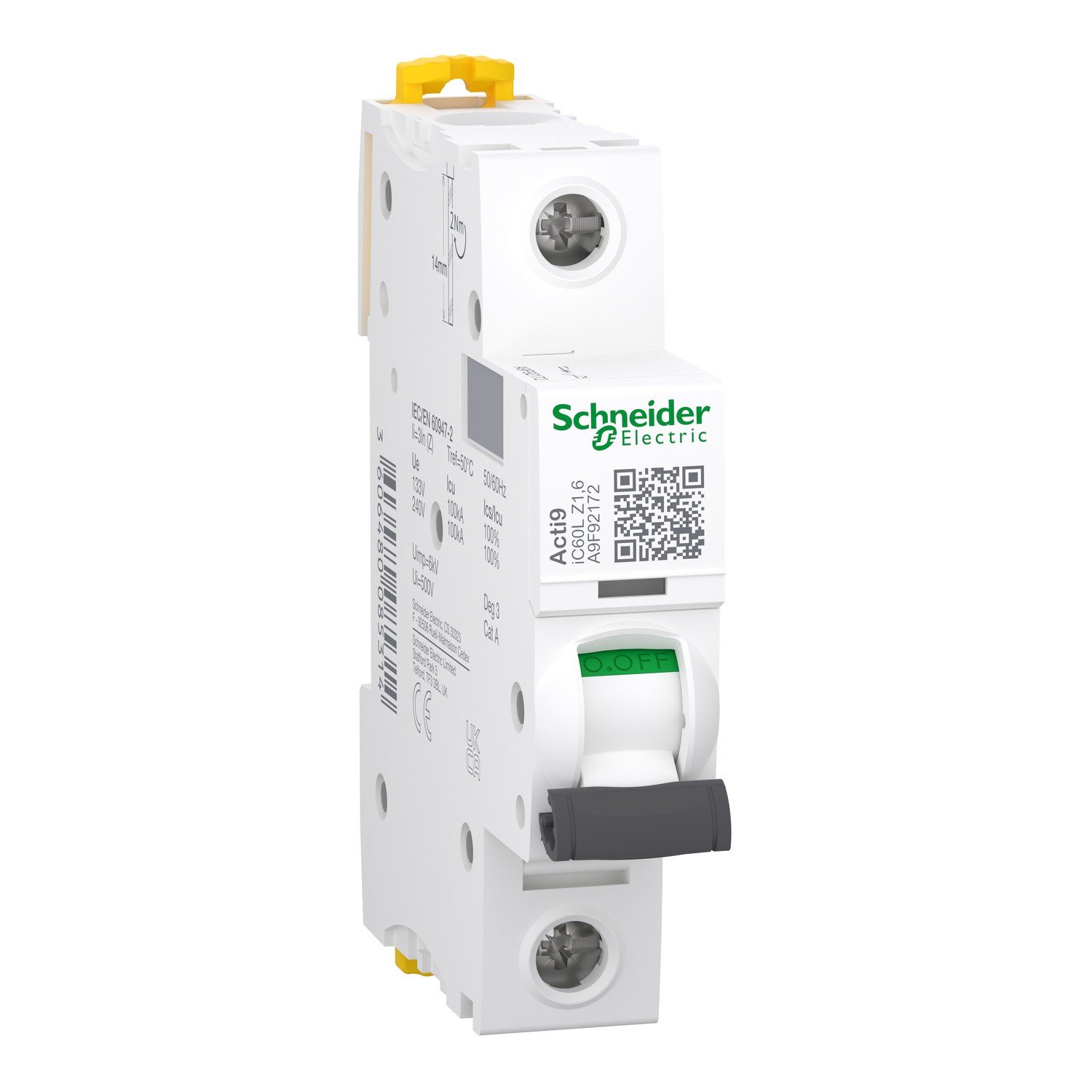 Schneider Electric Schneider Electric A9F92172 – Miniature circuit breaker (MCB), Acti9 iC60L, 1P, 1.6A, Z curve, 15000A (IEC/EN 60898-1), 100 kA (IEC/EN 60947-2)