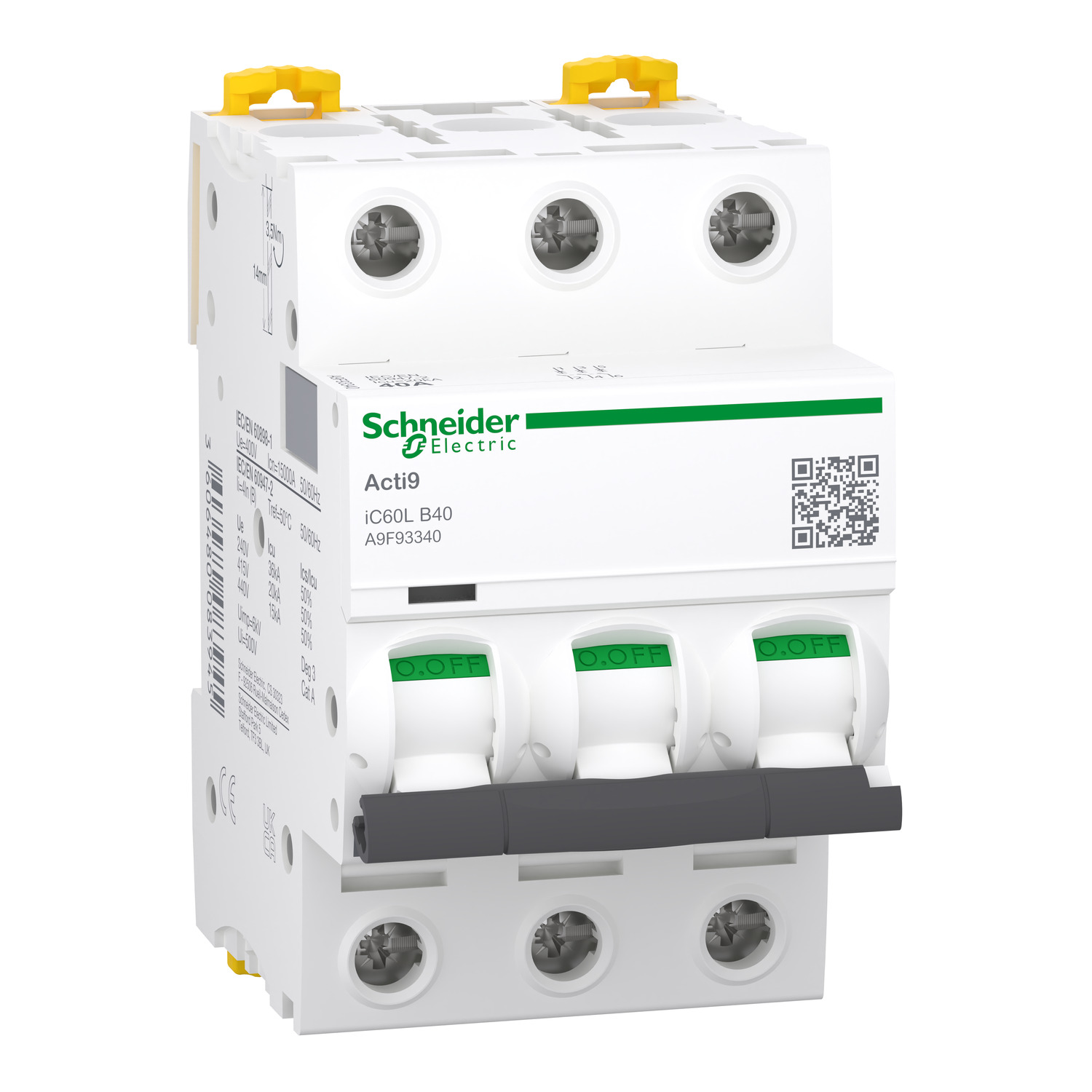 Schneider Electric Schneider Electric A9F93340 – Miniature circuit breaker (MCB), Acti9 iC60L, 3P, 40A, B curve, 15000A (IEC/EN 60898-1), 20 kA (IEC/EN 60947-2)