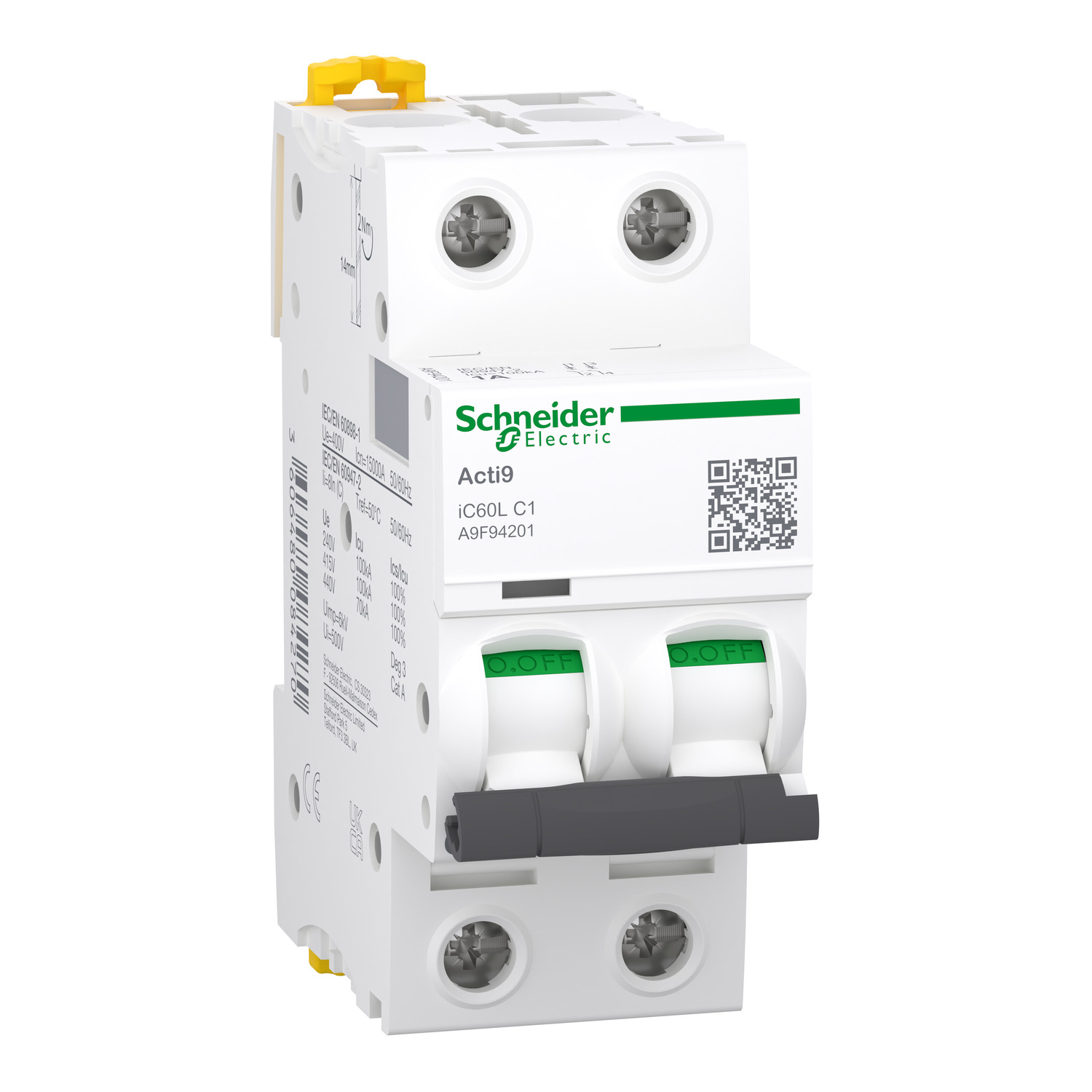 Schneider Electric Schneider Electric A9F94201 – Miniature circuit breaker (MCB), Acti9 iC60L, 2P, 1A, C curve, 15000A (IEC/EN 60898-1), 100 kA (IEC/EN 60947-2)