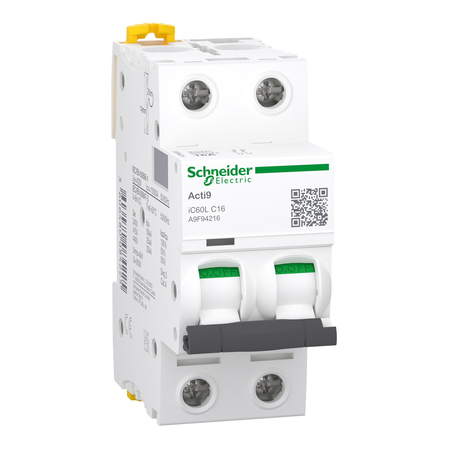 Schneider Electric Schneider Electric A9F94216 – Miniature circuit breaker (MCB), Acti9 iC60L, 2P, 16A, C curve, 15000A (IEC/EN 60898-1), 25 kA (IEC/EN 60947-2)