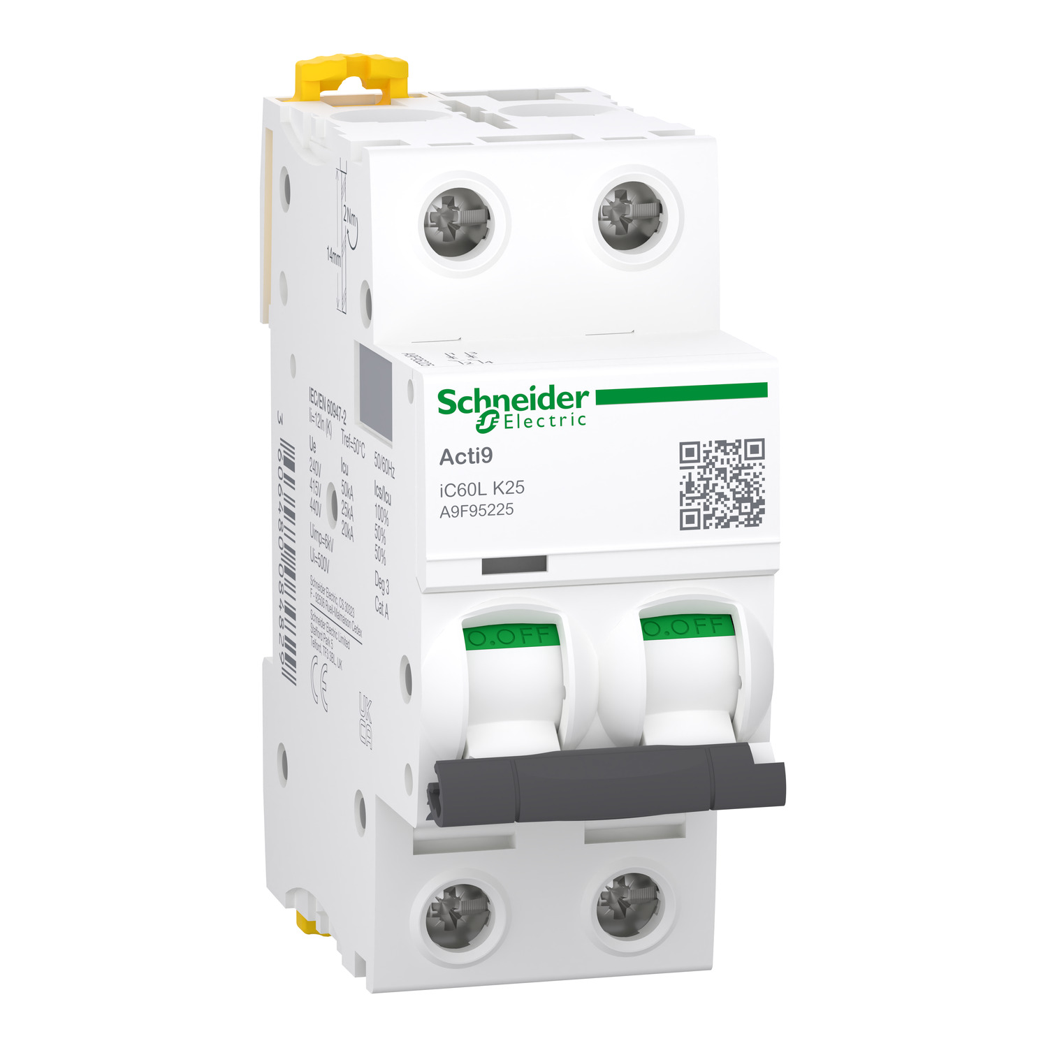 Schneider Electric Schneider Electric A9F95225 – Miniature circuit breaker (MCB), Acti9 iC60L, 2P, 25A, K curve, 15000A (IEC/EN 60898-1), 25 kA (IEC/EN 60947-2)