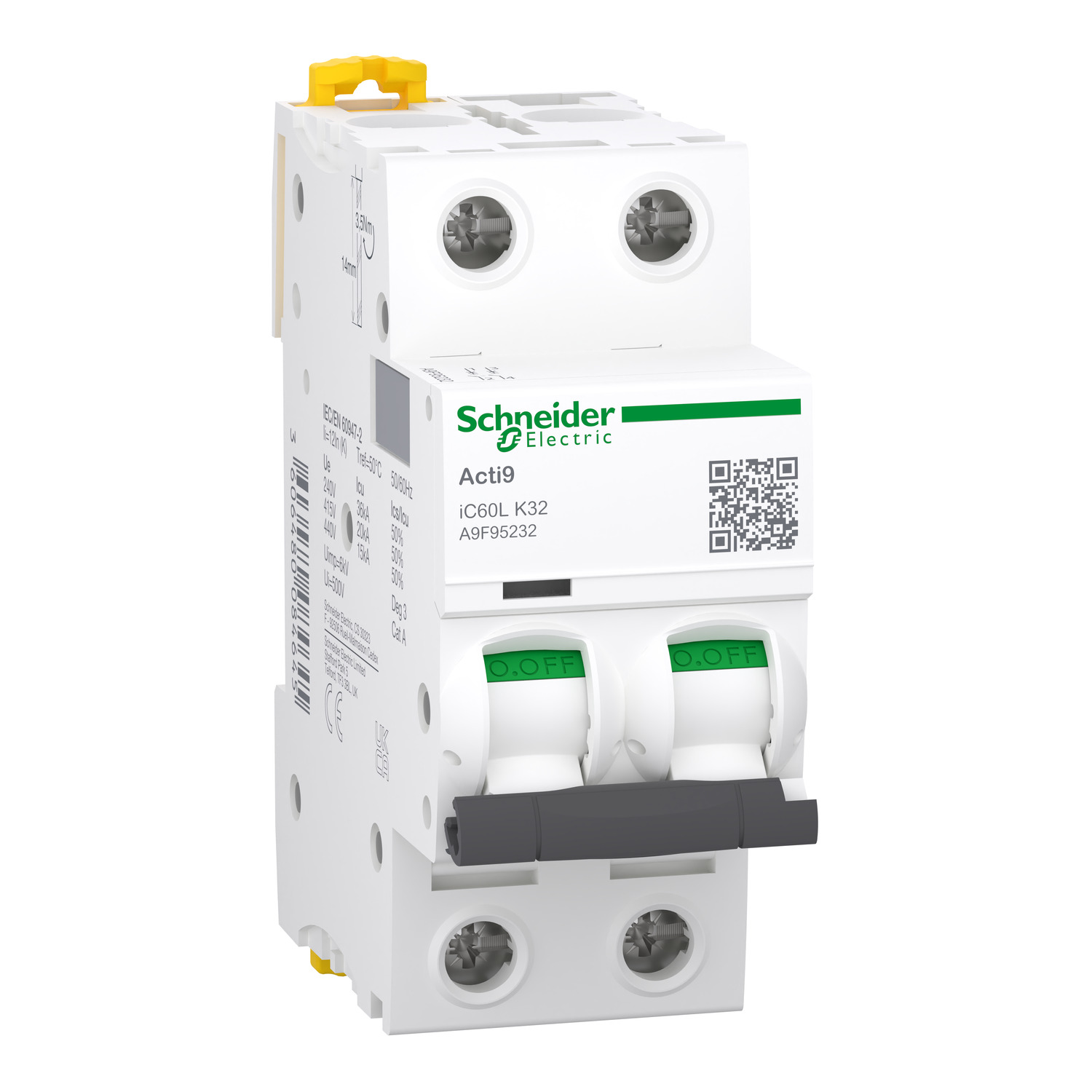 Schneider Electric Schneider Electric A9F95232 – Miniature circuit breaker (MCB), Acti9 iC60L, 2P, 32A, K curve, 15000A (IEC/EN 60898-1), 20 kA (IEC/EN 60947-2)