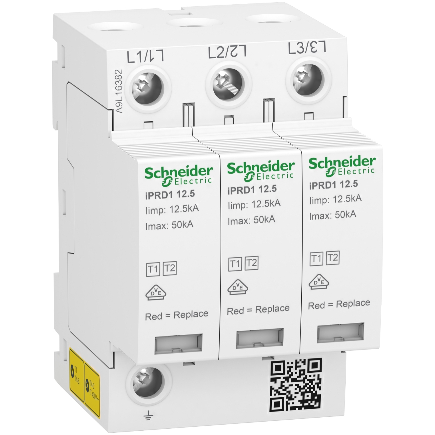 Schneider Electric Schneider Electric A9L16382 – Modular surge arrester with pluggable cartridge, Acti9 iPRD1 12.5, 3 P, 350 V, with remote transfert