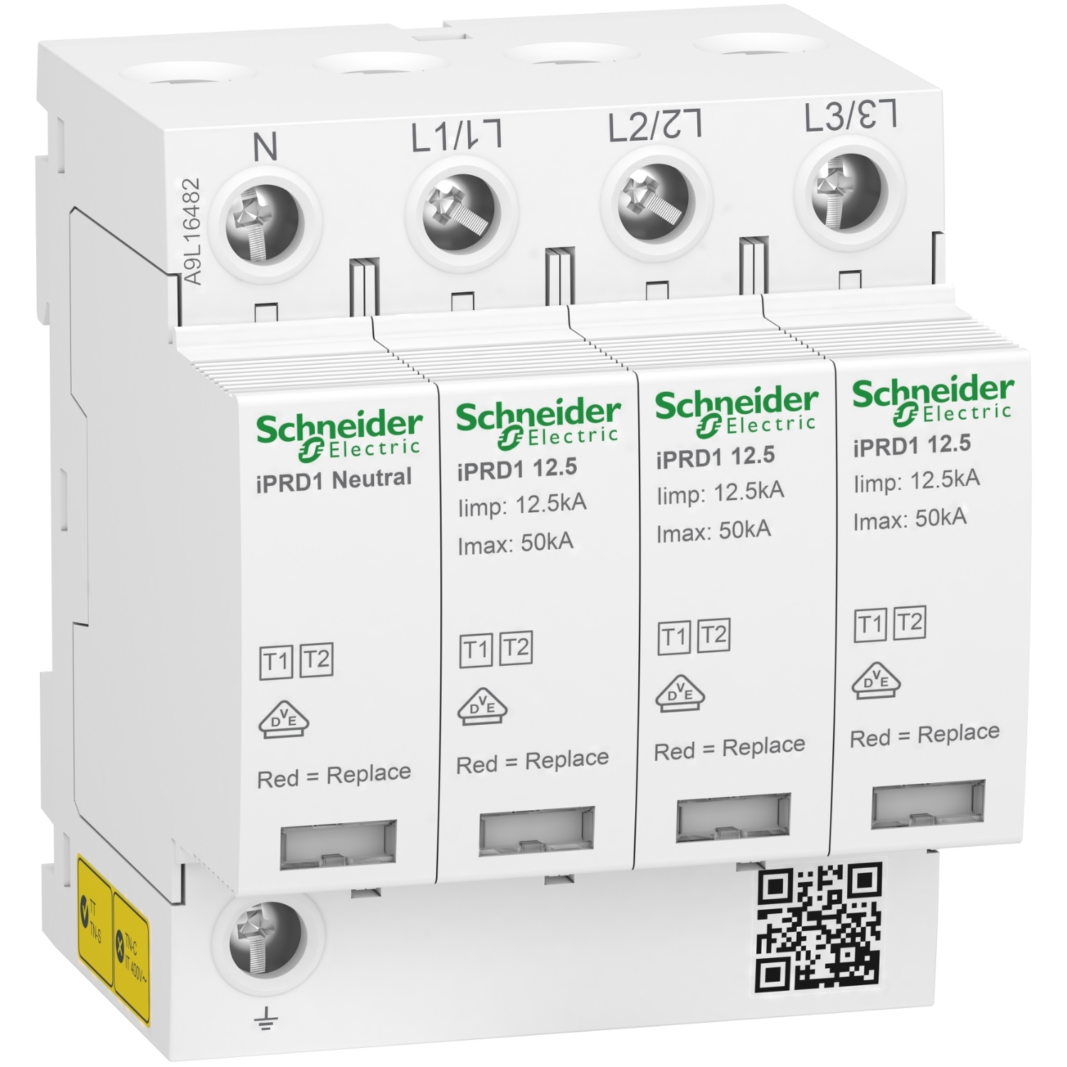 Schneider Electric Schneider Electric A9L16482 – Modular surge arrester with pluggable cartridge, Acti9 iPRD1 12.5, 3P+N, 350 V, with remote transfert