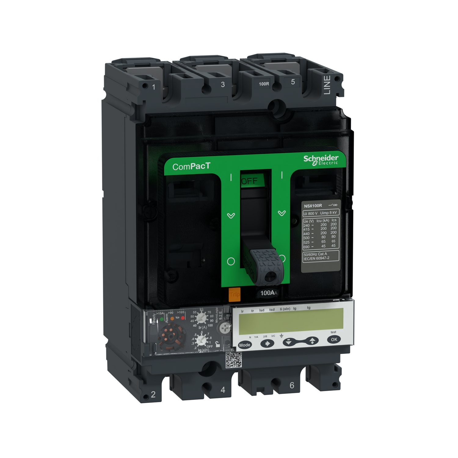 Schneider Electric Schneider Electric C10R36E100 – Circuit breaker, ComPacT NSX100R, 200 kA/415VAC, 3 poles, MicroLogic 6.2E trip unit 100A