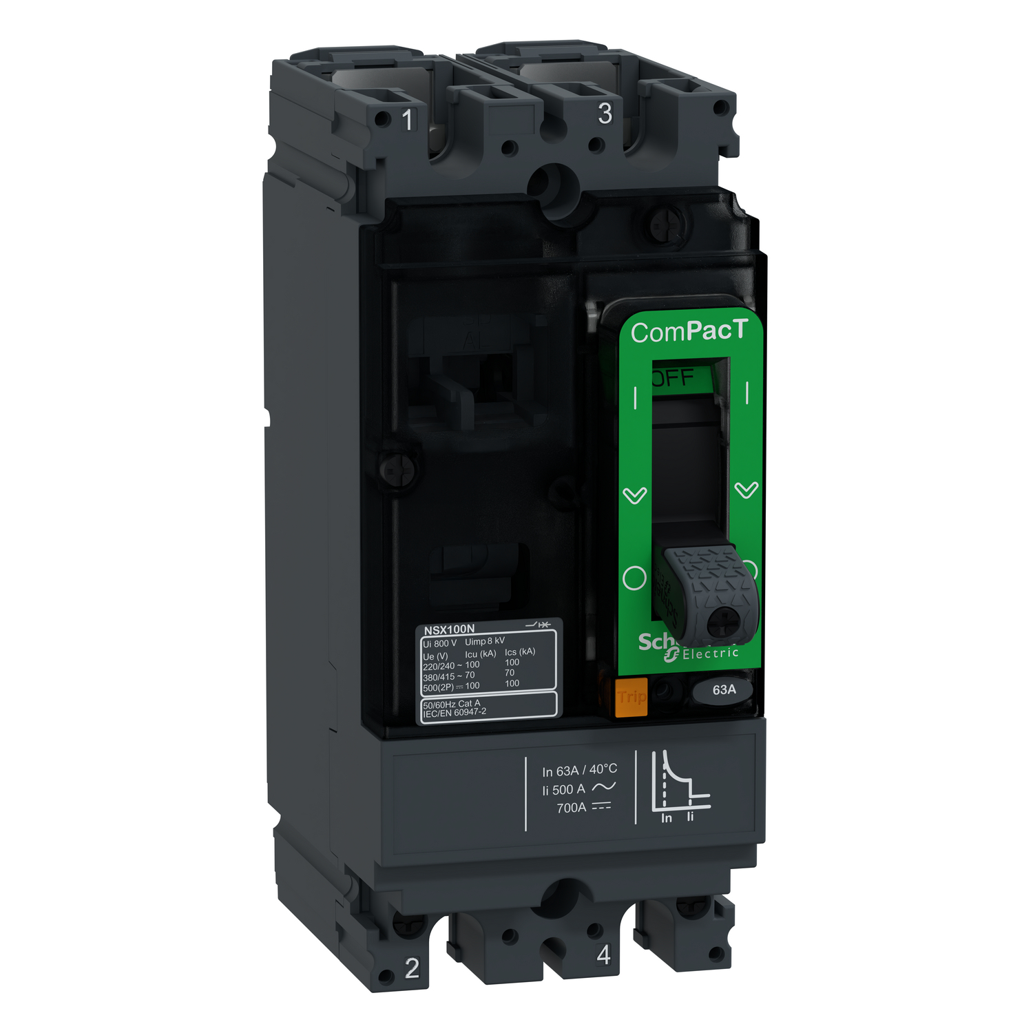 Schneider Electric Schneider Electric C10S2TM063 – Circuit breaker, ComPacT NSX100S AC/DC, 70 kA/415VAC, 2 poles, TMD trip unit 63A