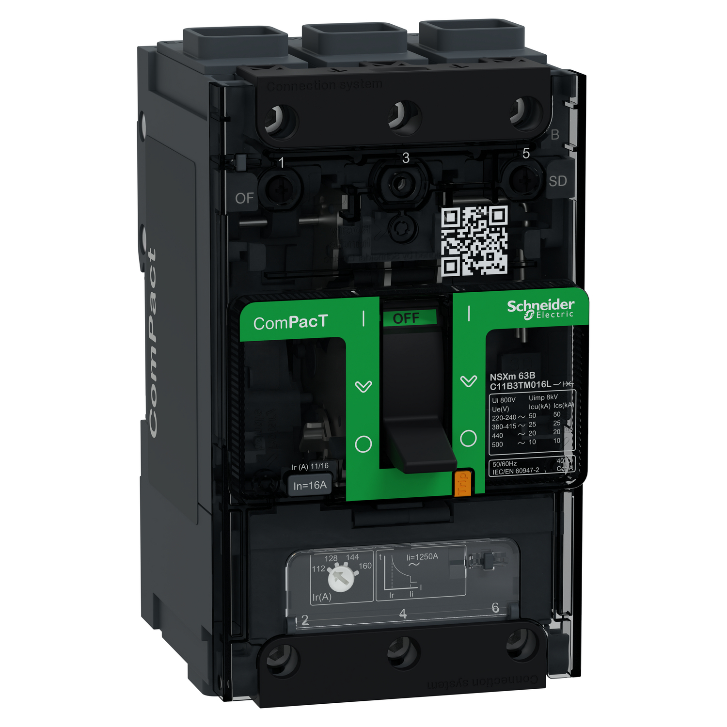 Schneider Electric Schneider Electric C11B3TM016L – Circuit breaker, ComPacT NSXm 63B, 25 kA/415VAC, 3 poles, TMD trip unit 16A, EverLink lugs