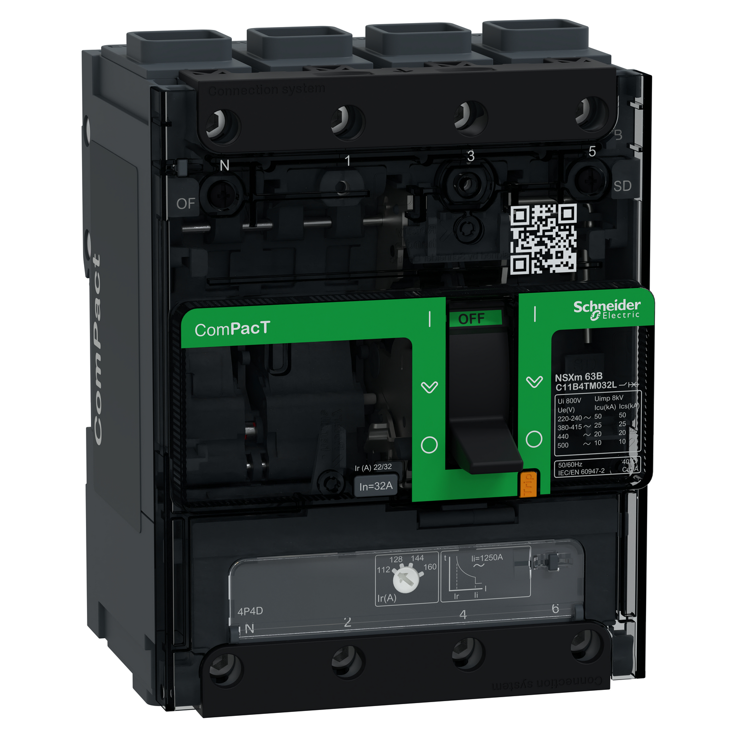Schneider Electric Schneider Electric C11B4TM032L – Circuit breaker, ComPacT NSXm 63B, 25 kA/415VAC, 4 poles 4D (neutral fully protected), TMD trip unit 32A, EverLink lugs