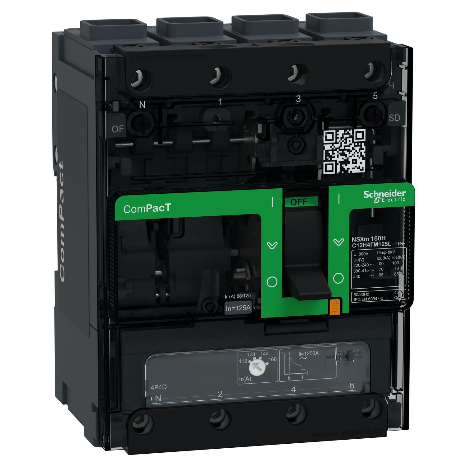 Schneider Electric Schneider Electric C12H4TM125L – Circuit breaker, ComPacT NSXm 160H, 70 kA/415VAC, 4 poles 4D (neutral fully protected), TMD trip unit 125A, EverLink lugs