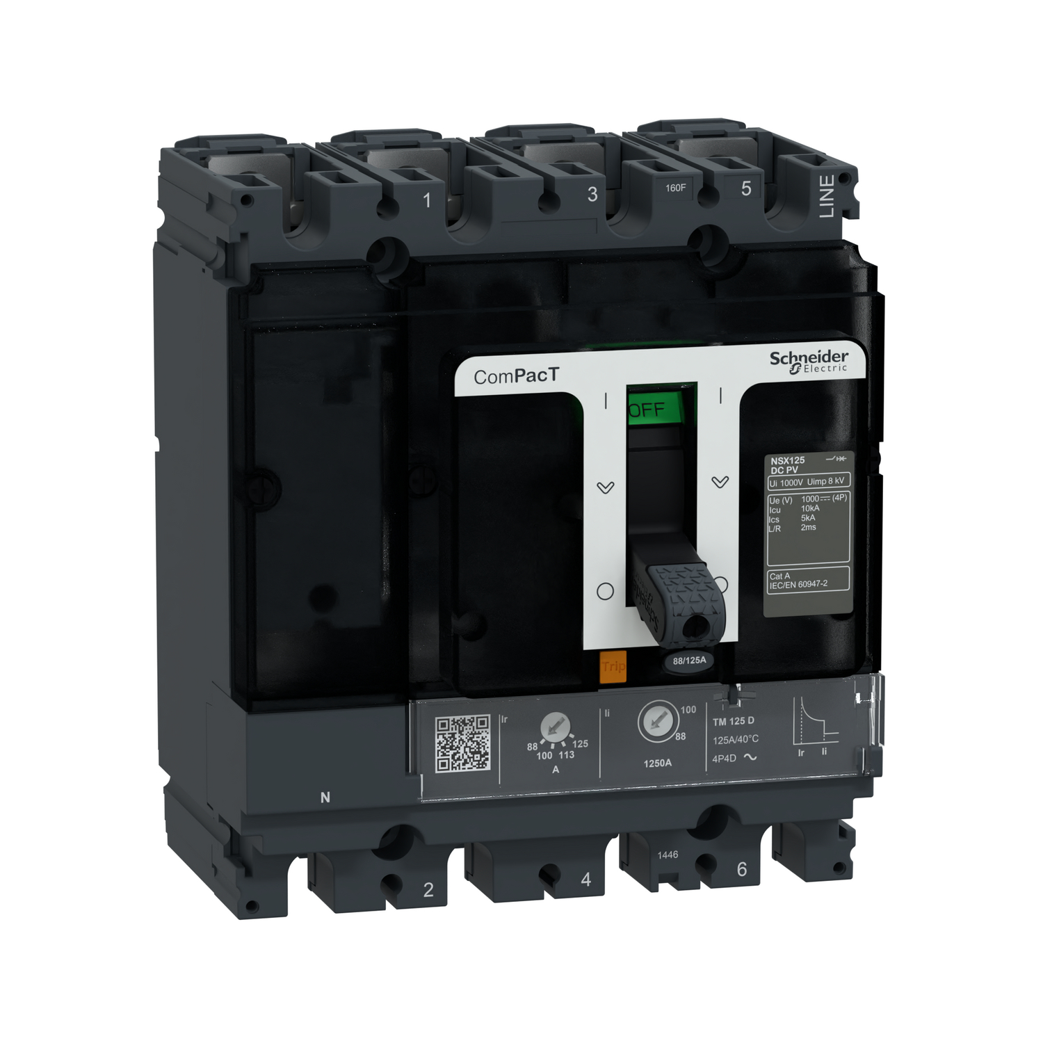 Schneider Electric Schneider Electric C16F4TM125D1 – Circuit breaker, ComPacT NSX125 DC PV, 10 kA/1000VDC, 4 poles, TM-DC PV trip unit 125A