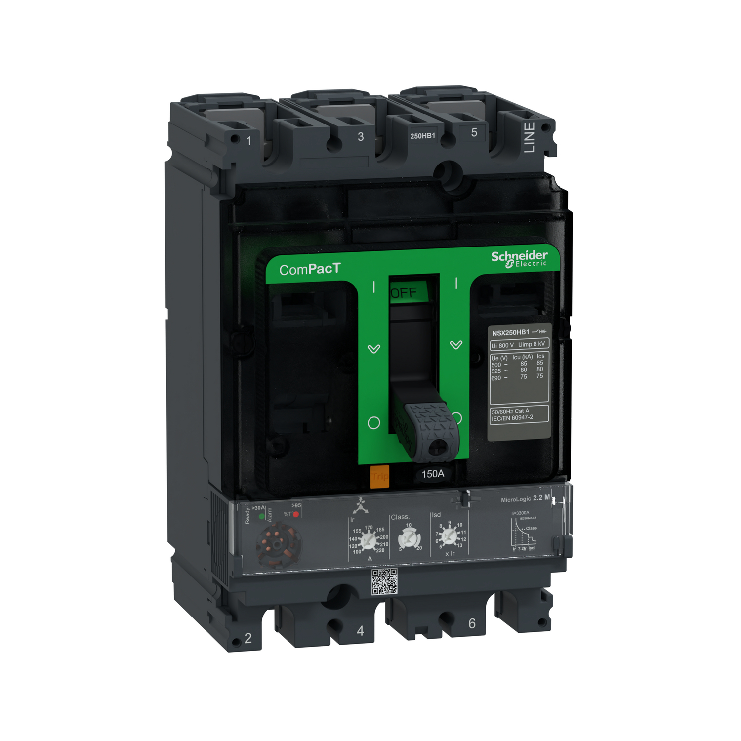 Schneider Electric Schneider Electric C25V32M150 – Circuit breaker, ComPacT NSX250HB1, 75 kA/690VAC, 3 poles, MicroLogic 2.2M trip unit 150A