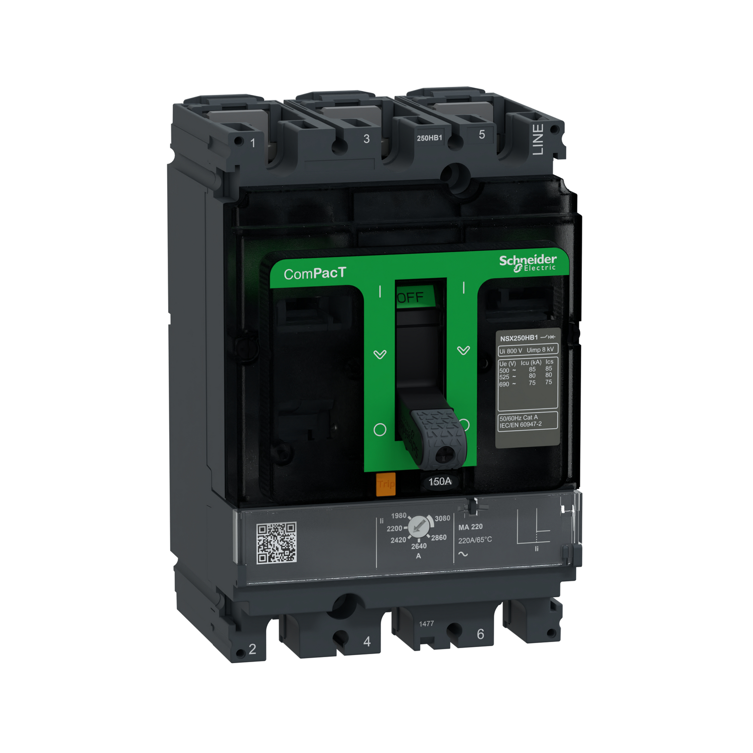 Schneider Electric Schneider Electric C25V3MA150 – Circuit breaker, ComPacT NSX250HB1, 75 kA/690VAC, 3 poles, MA trip unit 150A