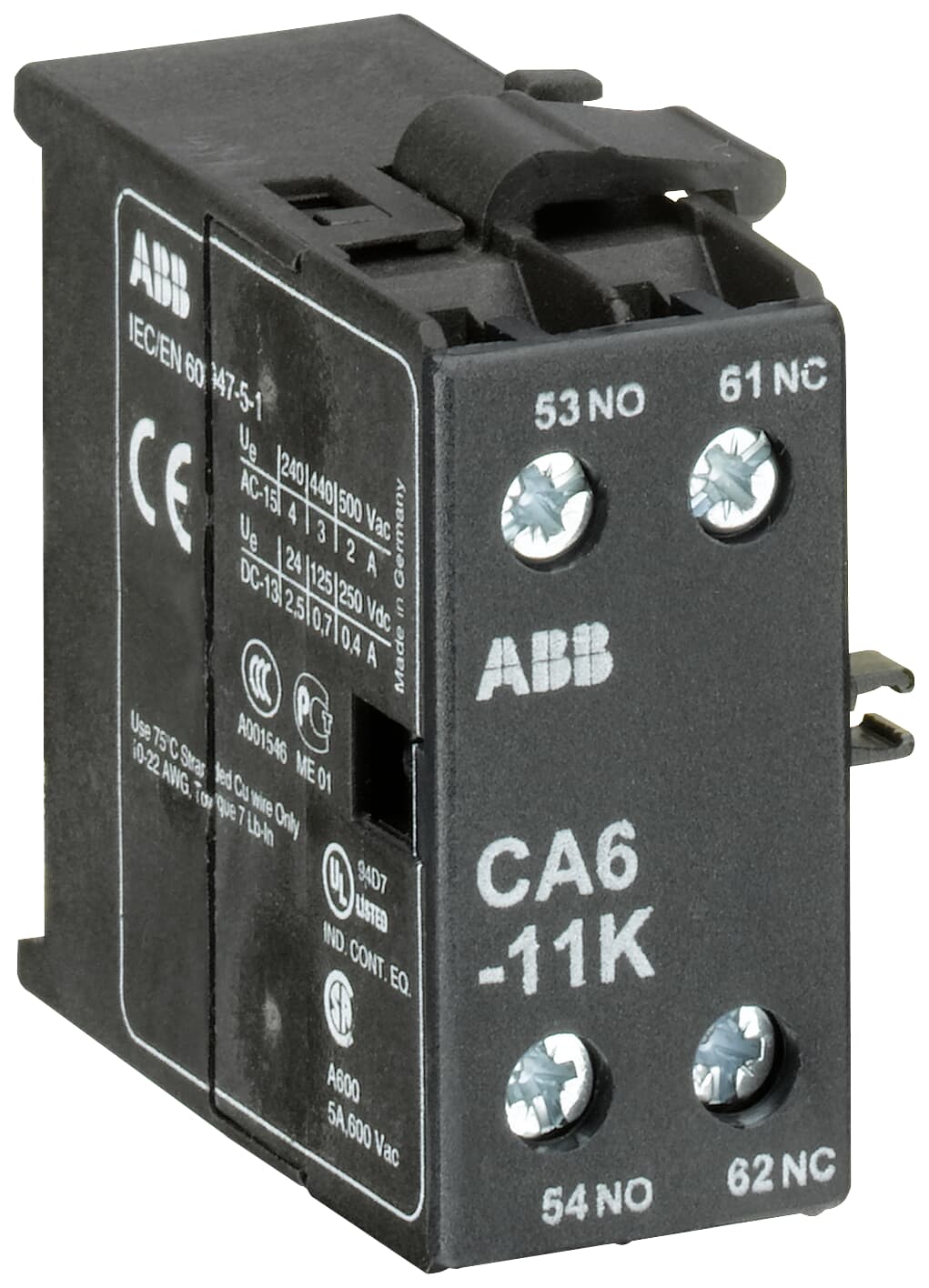 ABB ABB CA6-11K Auxiliary Contact 1NO/1NC screw terminal, side mounted