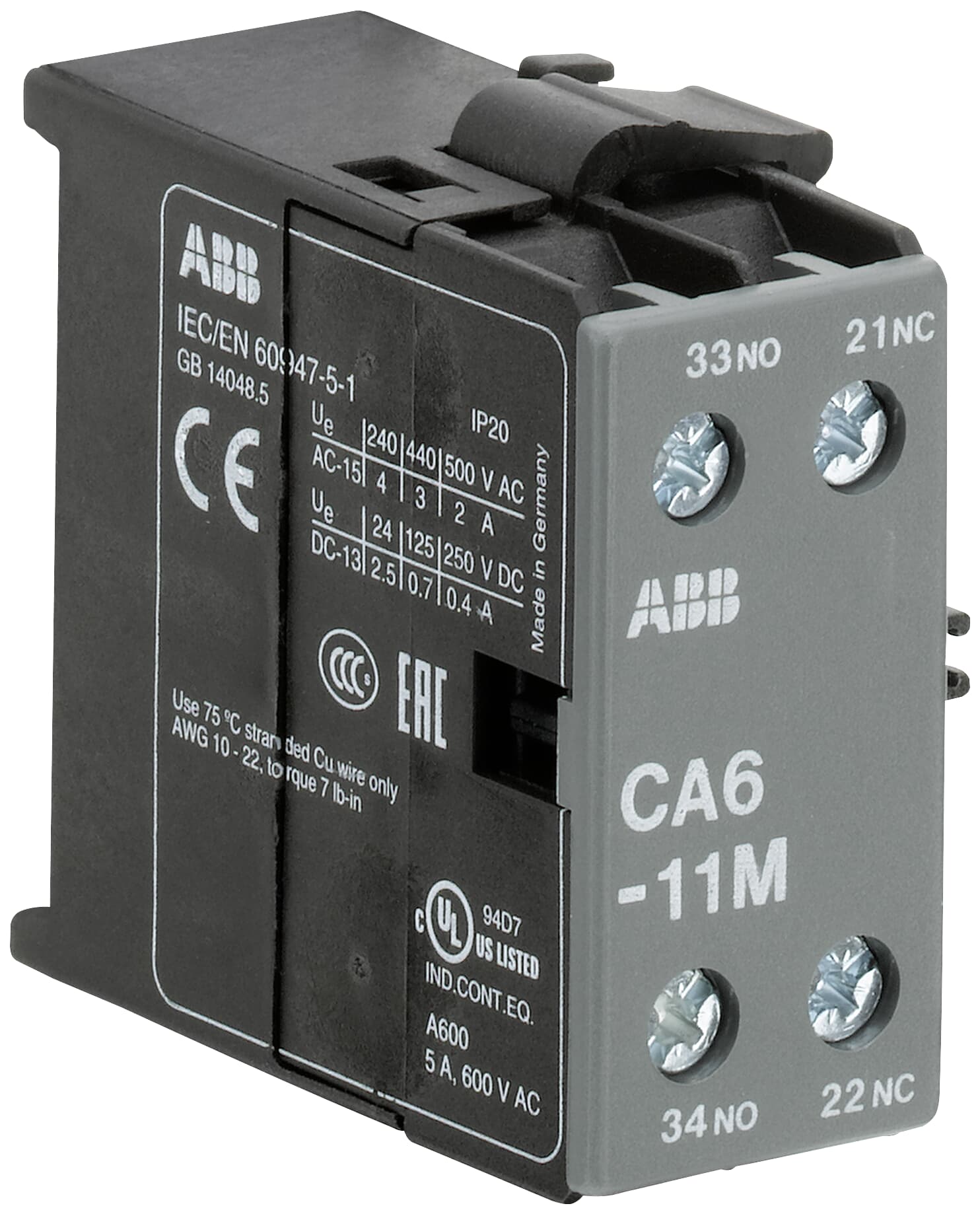 ABB ABB CA6-11M Auxiliary Contact 1NO/1NC screw terminal, side mounted