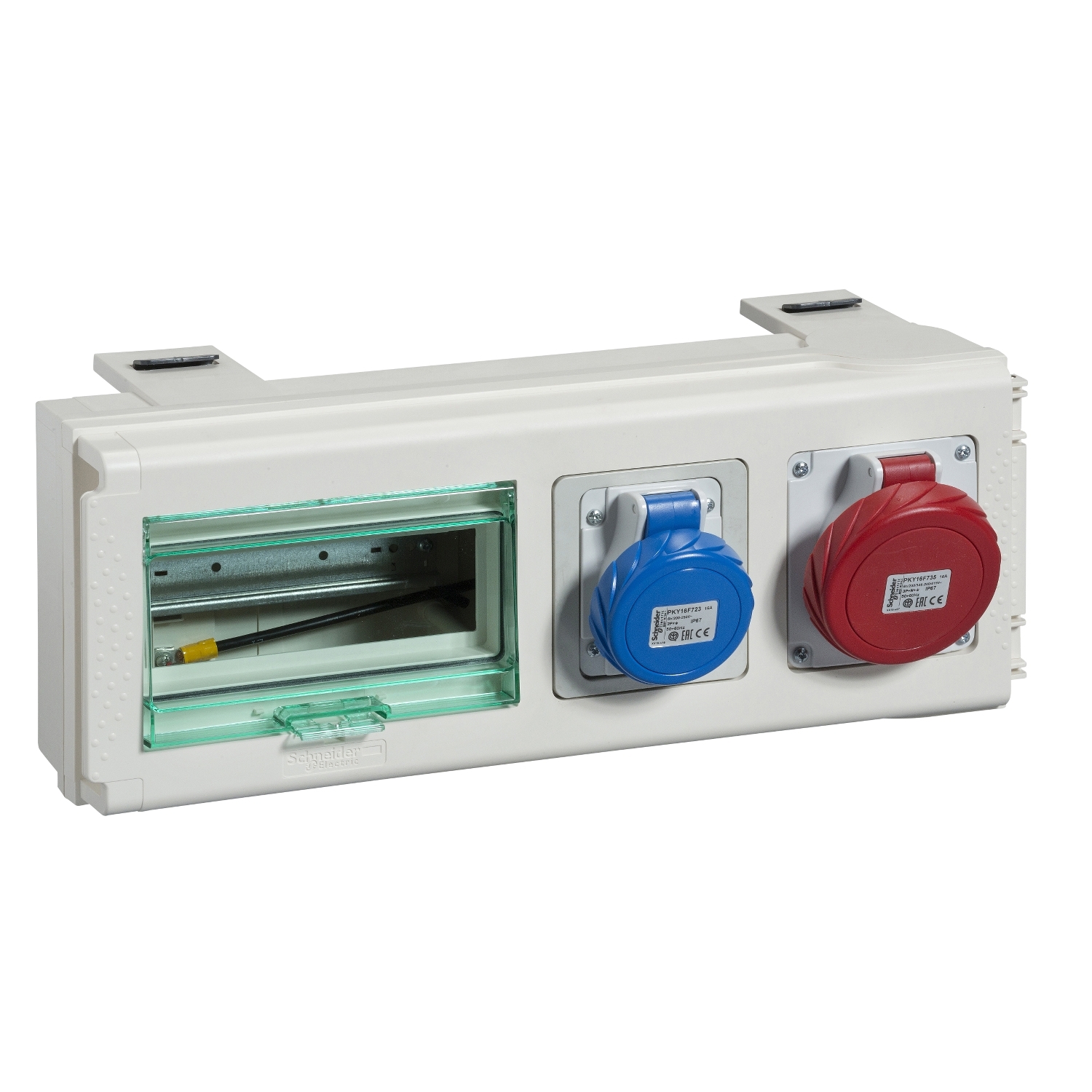 Schneider Electric Schneider Electric KSB32CP15D – Tap off unit, Canalis KS 100 A to 1000 A, 8 modules of 18 mm, 32 A, DIN rail, 3L+N+PE, 1 SCHUKO + 1 industrial power sockets