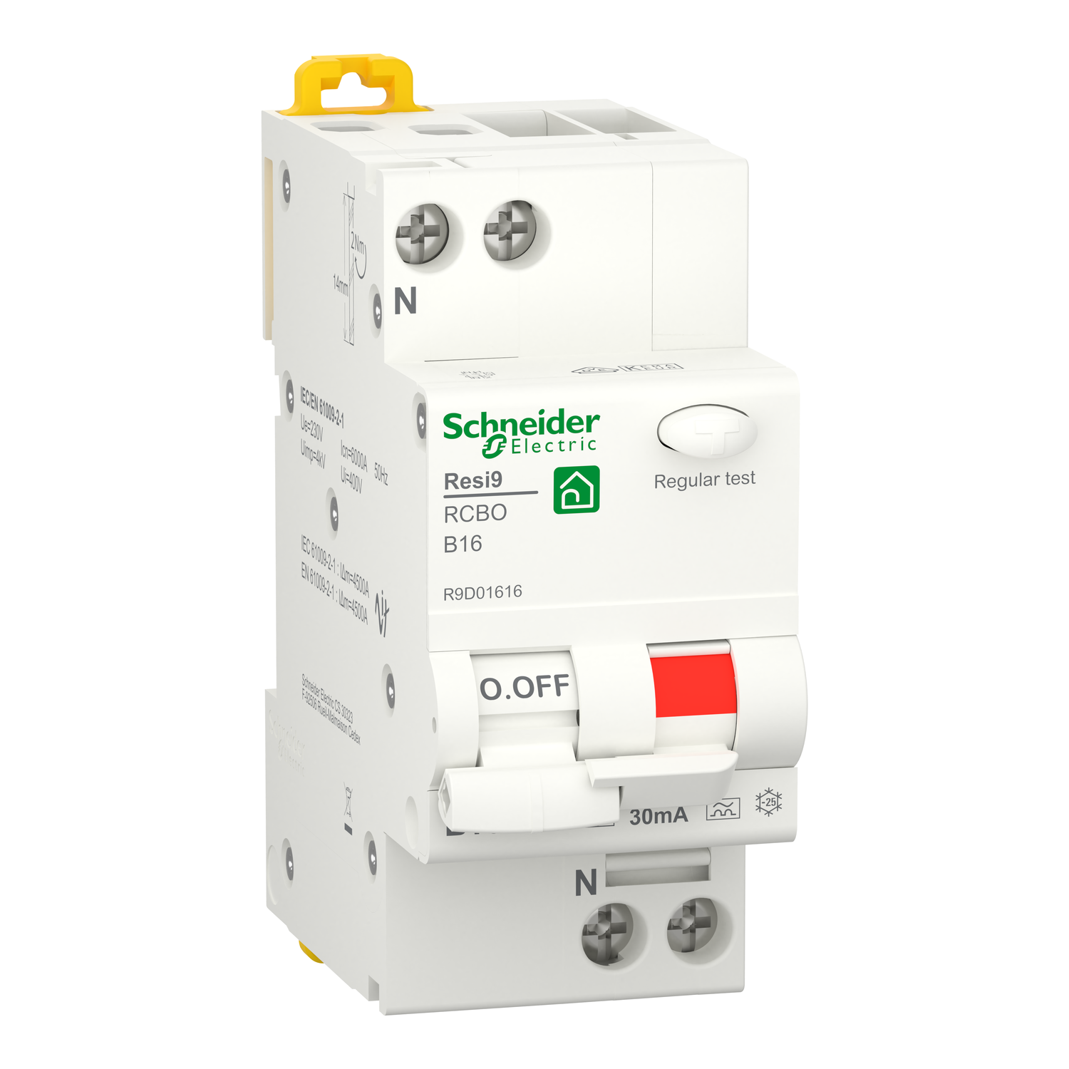 Schneider Electric Schneider Electric R9D01616 – Residual current breaker with overcurrent protection (RCBO), Resi9, 1P+N, 16A, B curve, 6000A, A type, 30mA