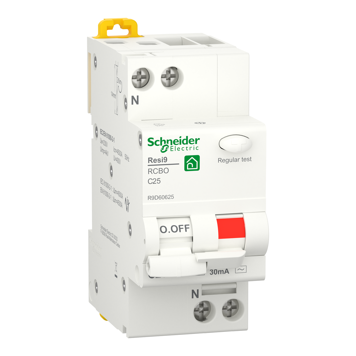 Schneider Electric Schneider Electric R9D60625 – residual current circuit breaker with overcurrent protection (RCBO), Resi9, 1P+N, 25 A, curve C, 4500 A, type AC, 30 mA