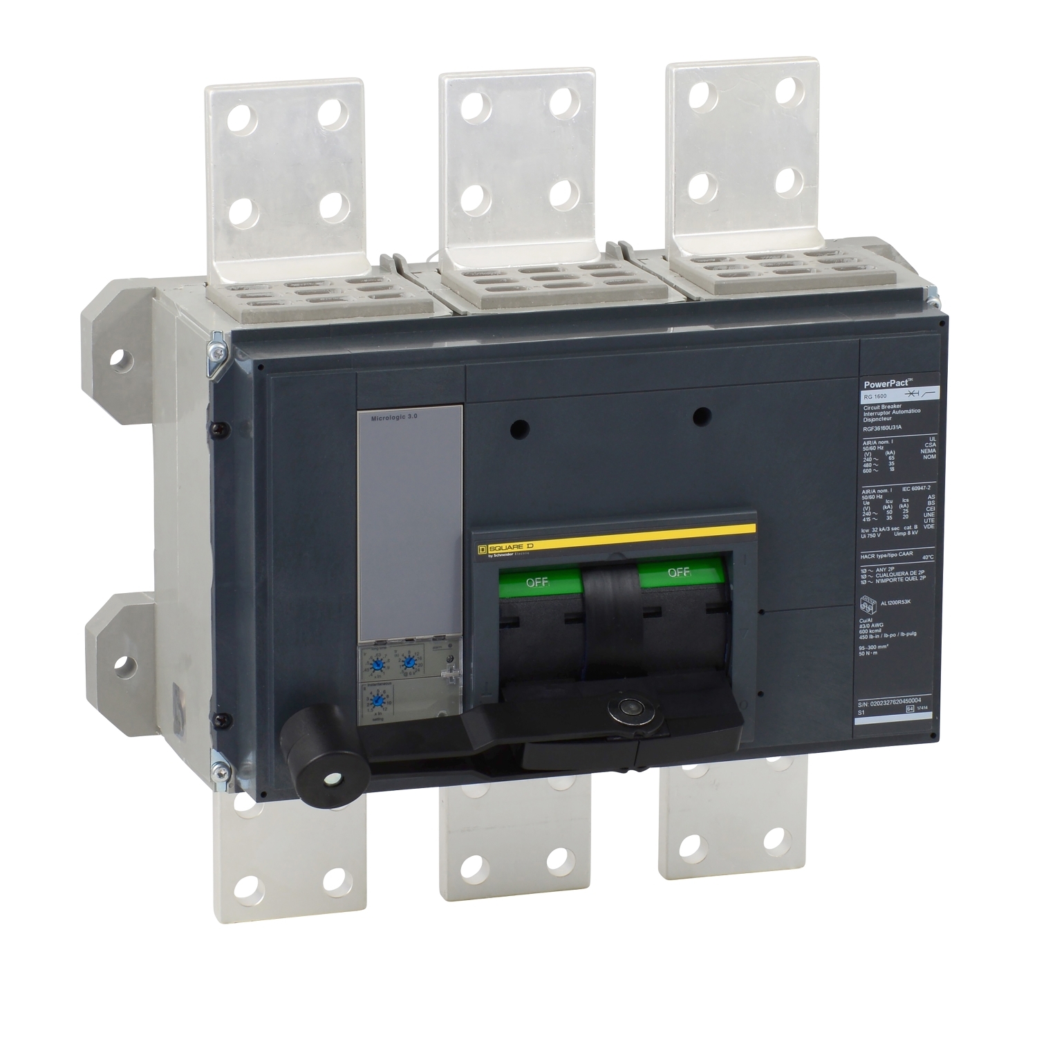 Schneider Electric Schneider Electric RGF36160U31A – Circuit breaker, PowerPacT R, 1600A, 3 pole, 600VAC, 18kA, busbar, Micrologic 3.0, 80%
