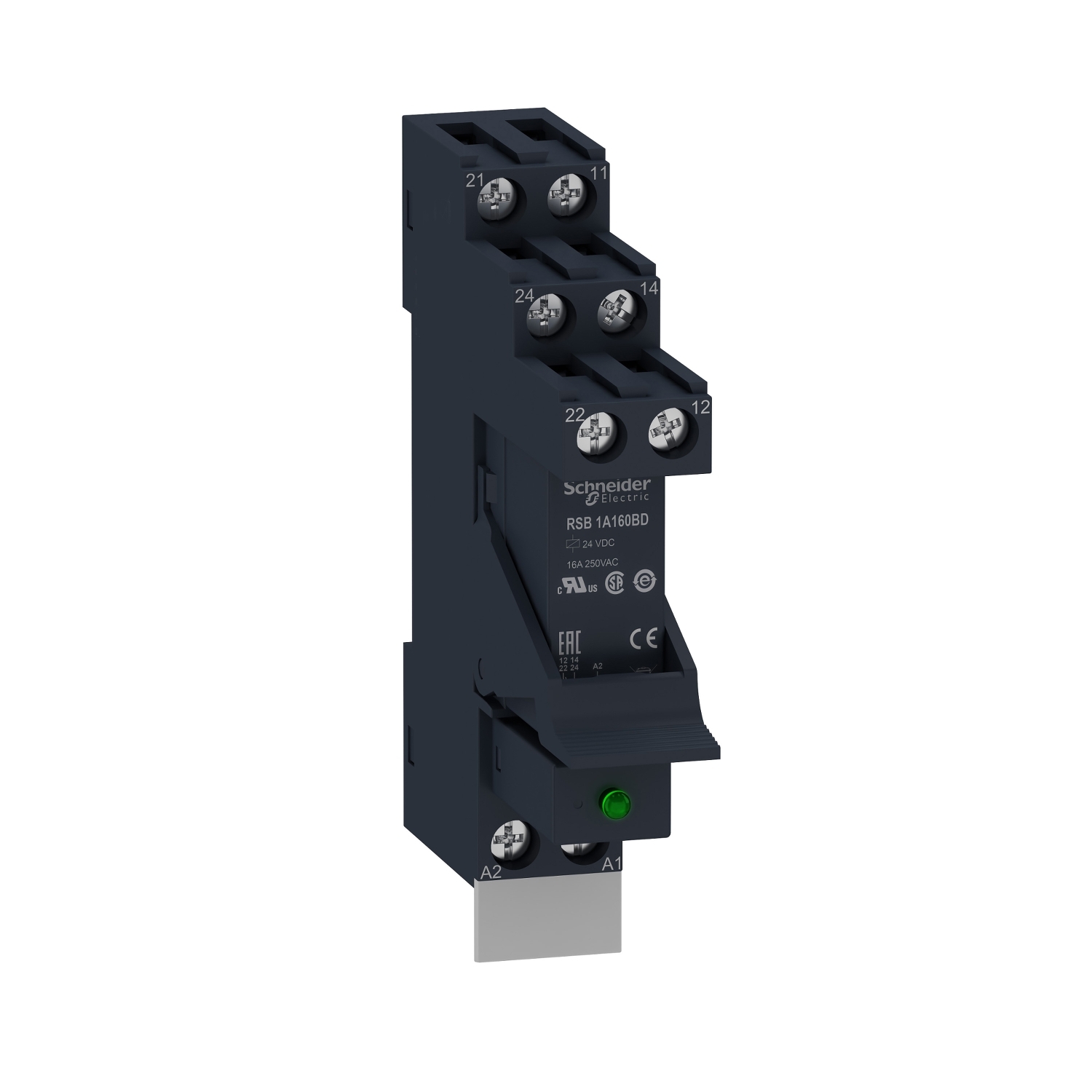 Schneider Electric Schneider Electric RSB1A160BDPV – interface plug in relay, Harmony Electromechanical Relays, pre assembled, 16A, 1CO, with LED, 24V DC