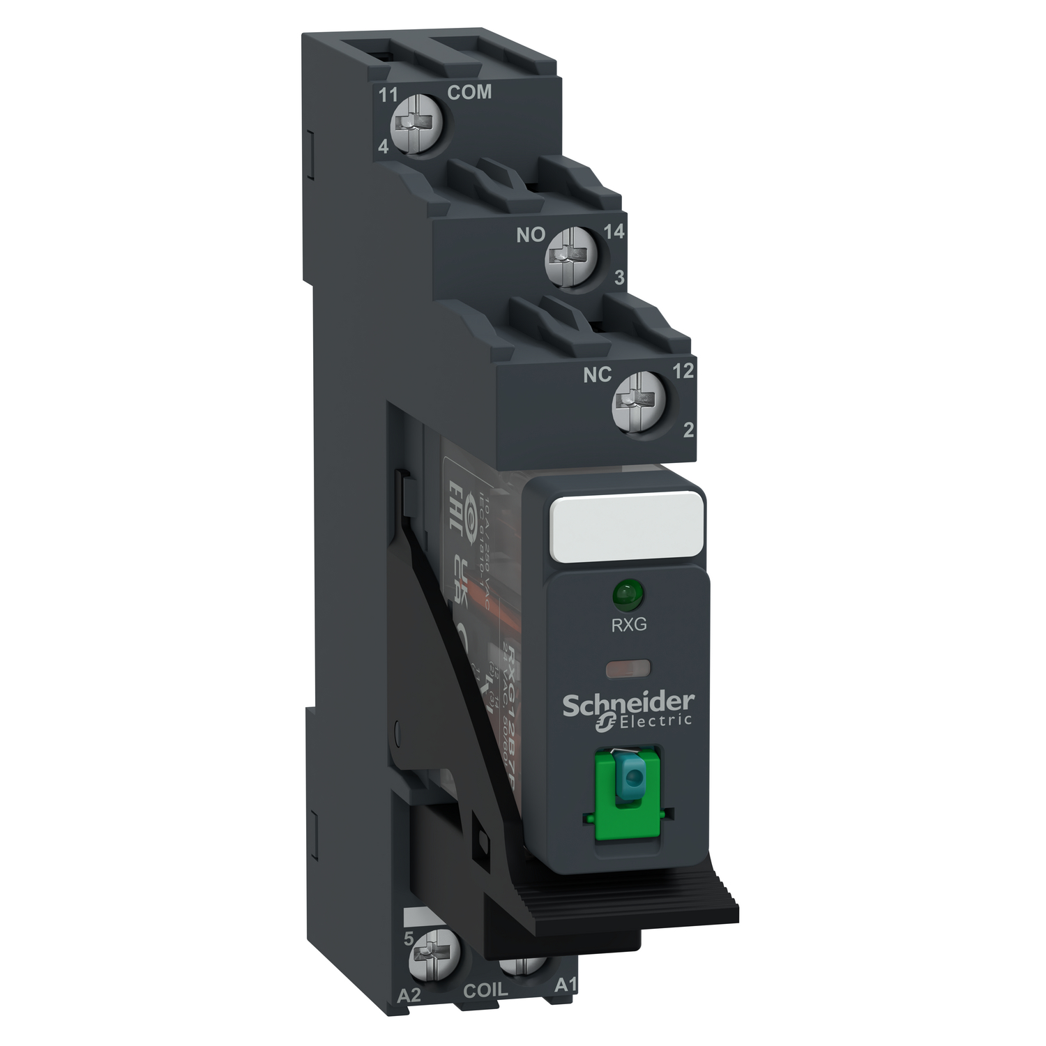 Schneider Electric Schneider Electric RXG12BDPV – interface plug in relay, Harmony Electromechanical Relays, pre assembled, 10A, 1CO, with LED, lockable test but to n, 24V DC