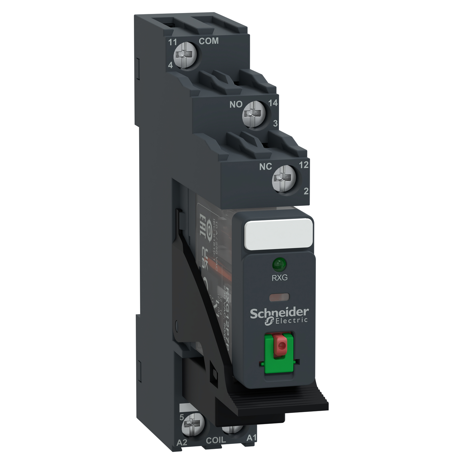 Schneider Electric Schneider Electric RXG12P7PV – interface plug in relay, Harmony Electromechanical Relays, pre assembled, 10A, 1CO, with LED, lockable test but to n, 230V AC