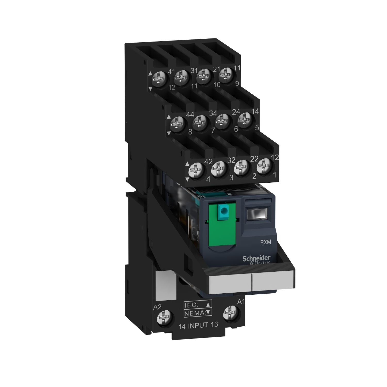 Schneider Electric Schneider Electric RXM4AB1BDPVS – miniature plug in relay pre assembled, Harmony Electromechanical Relays, 6A, 4CO, lockable test but to n, separate terminals socket, 24V DC