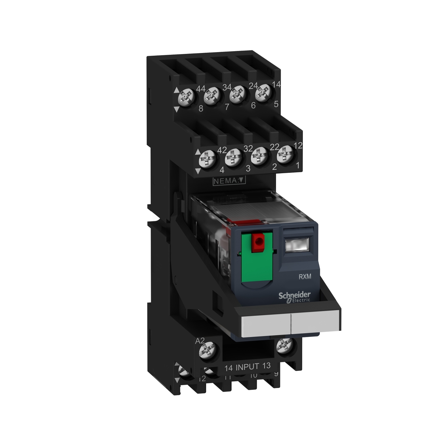 Schneider Electric Schneider Electric RXM4AB1P7PVM – miniature plug in relay pre assembled, Harmony Electromechanical Relays, 6A, 4CO, lockable test but to n, mixed terminals socket, 230V AC