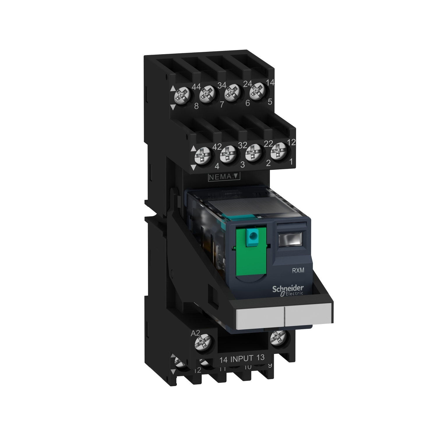 Schneider Electric Schneider Electric RXM4AB2BDPVM – miniature plug in relay pre assembled, Harmony Electromechanical Relays, 6A, 4CO, with LED, lockable test but to n, mixed terminals socket, 24V DC