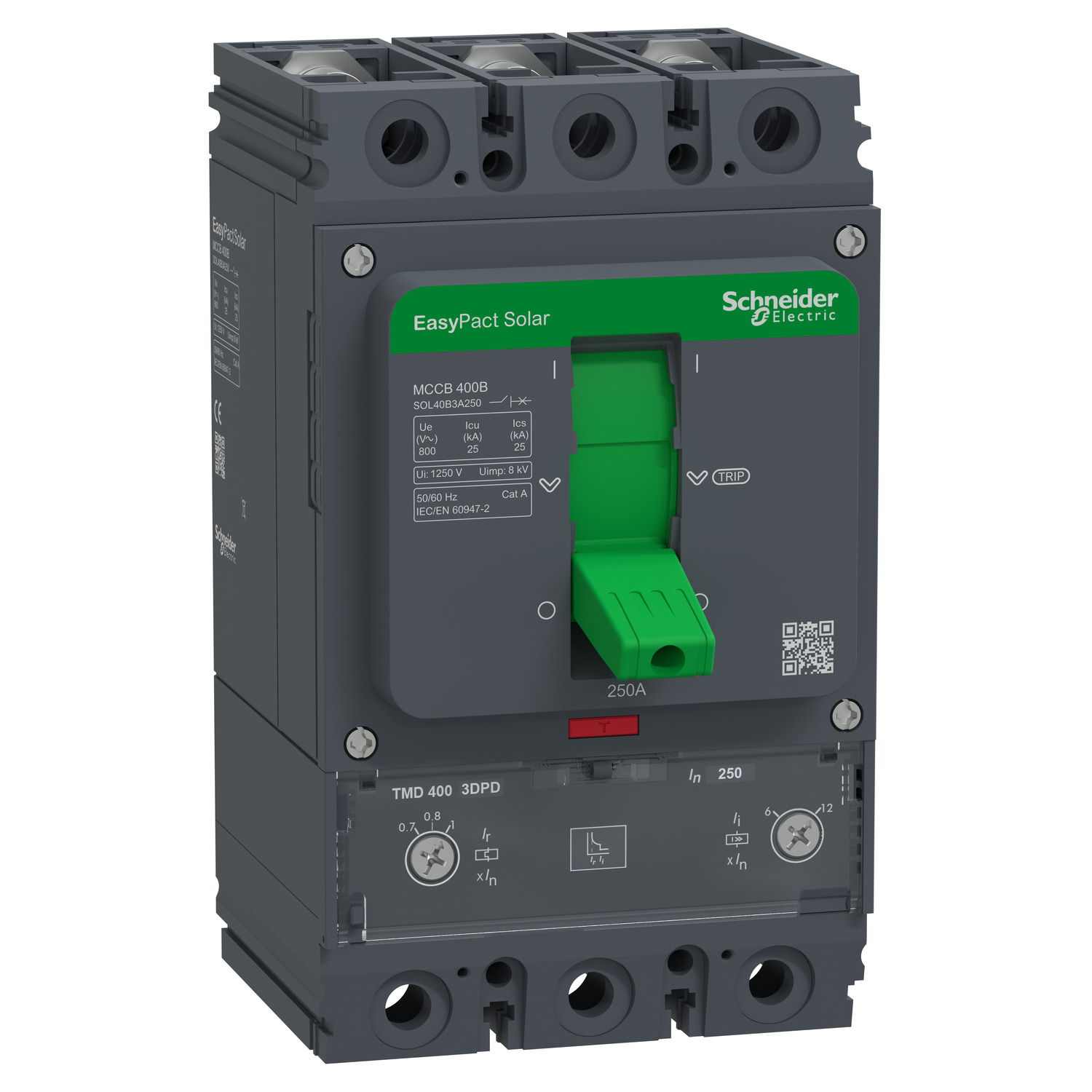 Schneider Electric Schneider Electric SOL40B3A250 – Circuit breaker, EasyPact Solar MCCB 400, 3P, 25kA at 800VAC, 250A rating, TMD trip unit, adjustable thermal protection