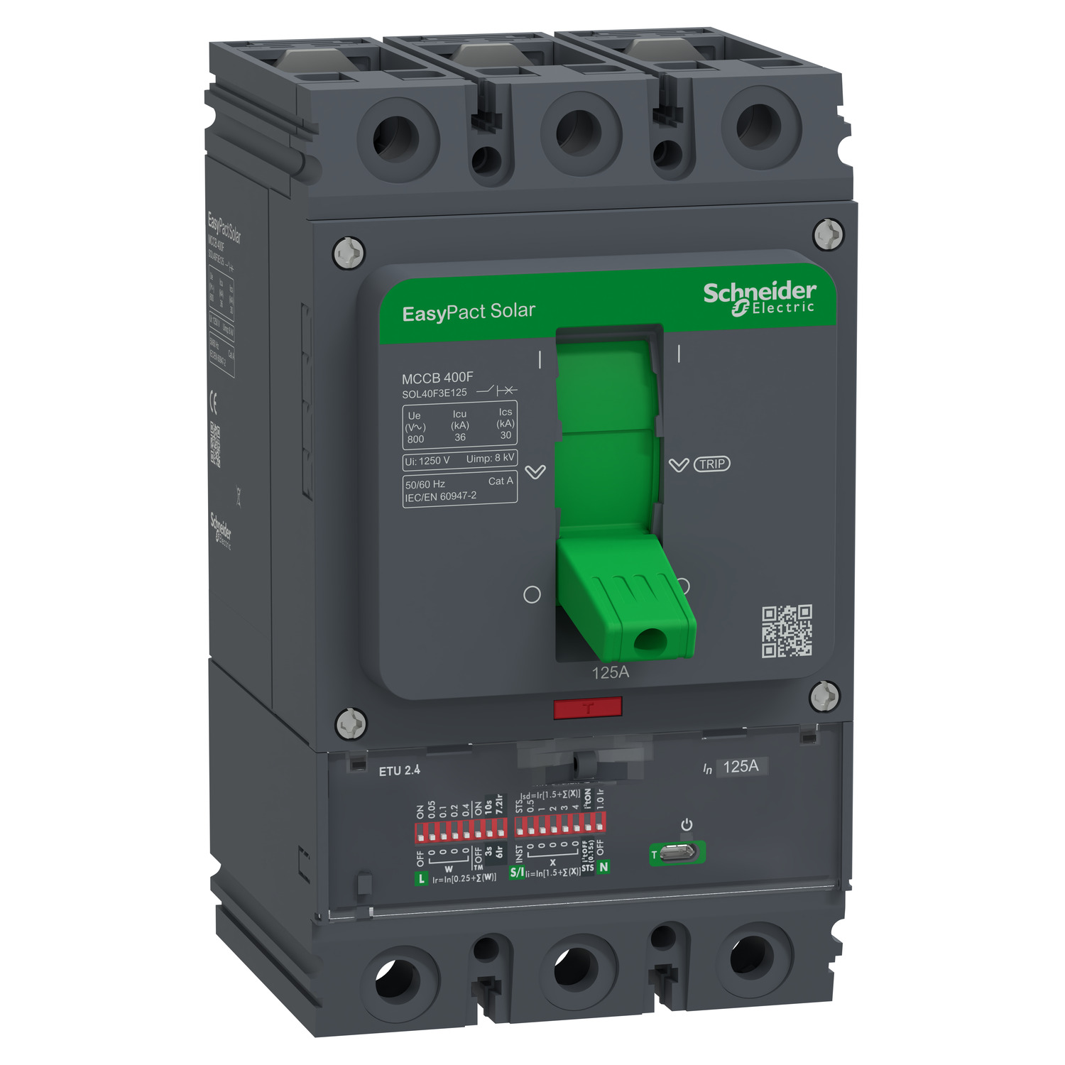 Schneider Electric Schneider Electric SOL40F3E125 – Circuit breaker, EasyPact Solar MCCB 400, 3P, 36kA at 800VAC, 125A rating, ETU trip unit, adjustable thermal protection