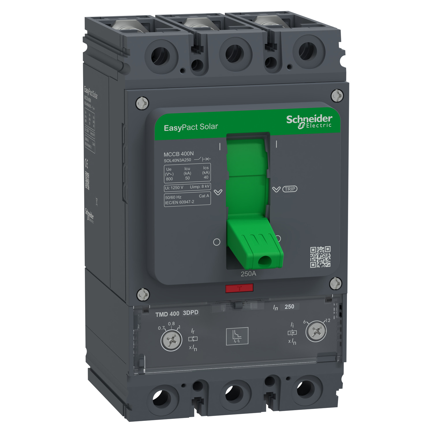 Schneider Electric Schneider Electric SOL40N3A250 – Circuit breaker, EasyPact Solar MCCB 400, 3P, 50kA at 800VAC, 250A rating, TMD trip unit, adjustable thermal protection