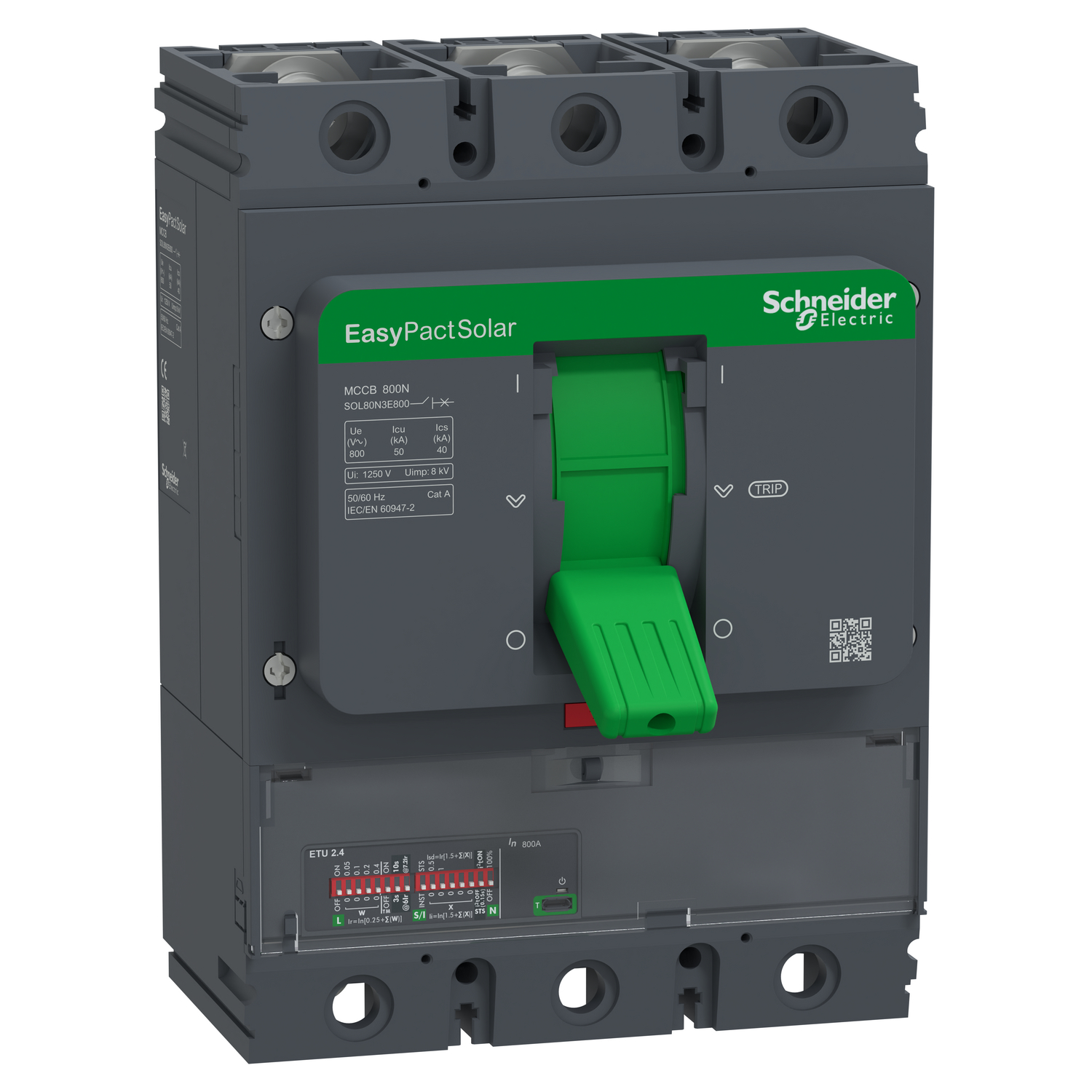 Schneider Electric Schneider Electric SOL80N3E800 – Circuit breaker, EasyPact Solar MCCB 800, 3P, 50kA at 800VAC, 800A rating, ETU trip unit, adjustable thermal protection