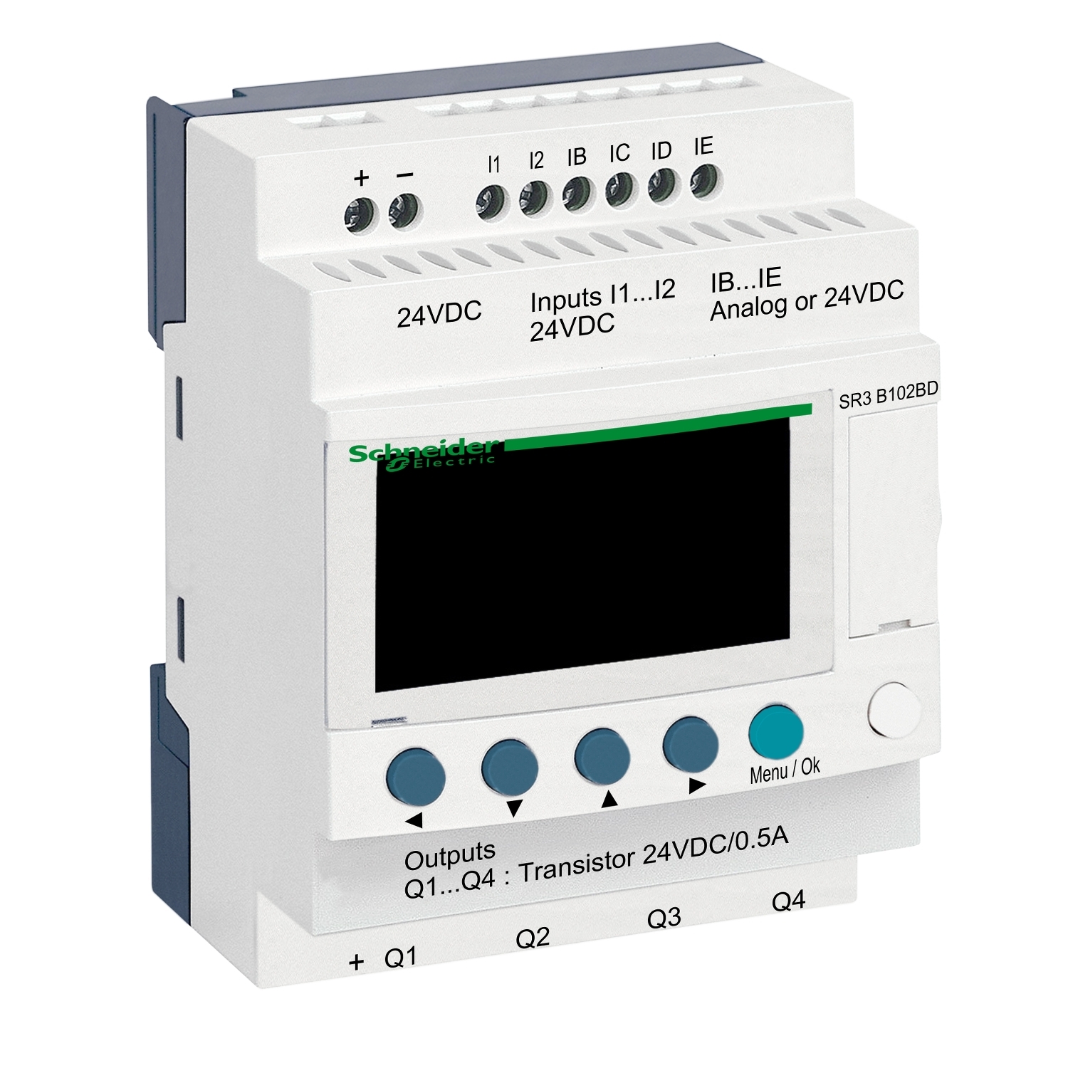 Schneider Electric Schneider Electric SR3B102BD – modular smart relay, Zelio Logic SR2 SR3, 10 IO, 24V DC, clock, display, 4 transistor outputs