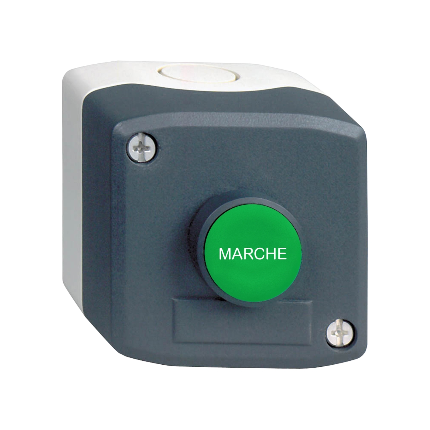 Schneider Electric Schneider Electric XALD104 – Complete control station, Harmony XALD, dark grey, 1 green flush pushbutton, 22mm,spring return, 1NO, marked MARCHE