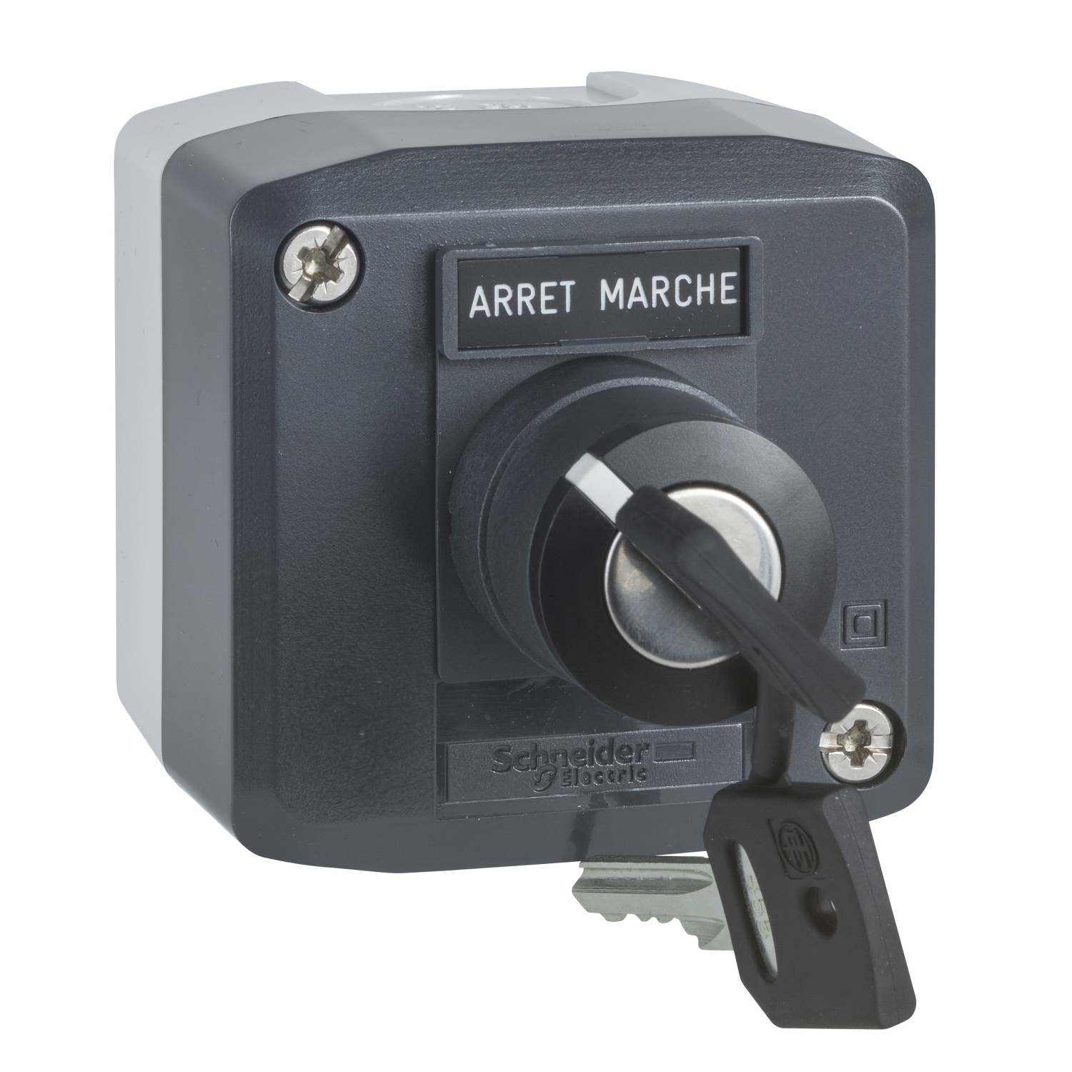 Schneider Electric Schneider Electric XALD142 – Control station, Harmony XALD, XALK, plastic, dark grey, 1 key switch selector, 22mm, 1 NO, legend holder marked ARRET MARCHE,