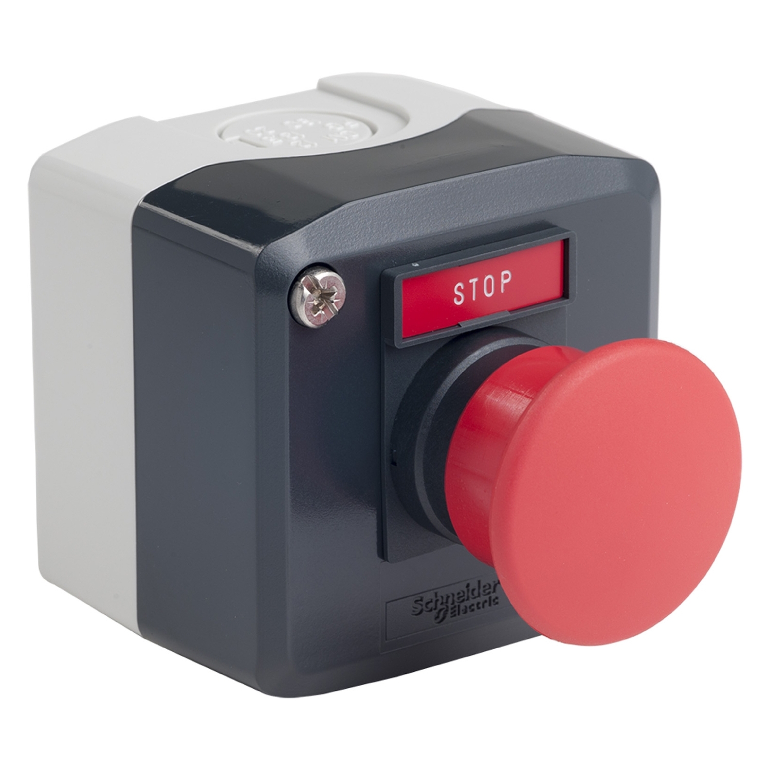 Schneider Electric Schneider Electric XALD164H29H7 – Complete control station, Harmony XALD, dark grey, 1 red mushroom head pushbutton, 40mm, spring return, 1NC, marked STOP