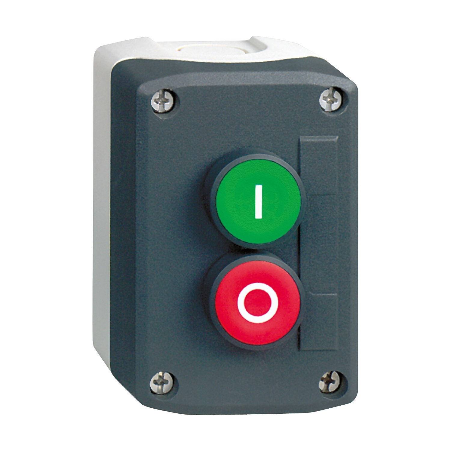 Schneider Electric Schneider Electric XALD213 – Harmony XALD, XALK, Control station, plastic, dark grey lid, 2 flush push buttons Ø22, marked I O, 1 NO + 1 NC