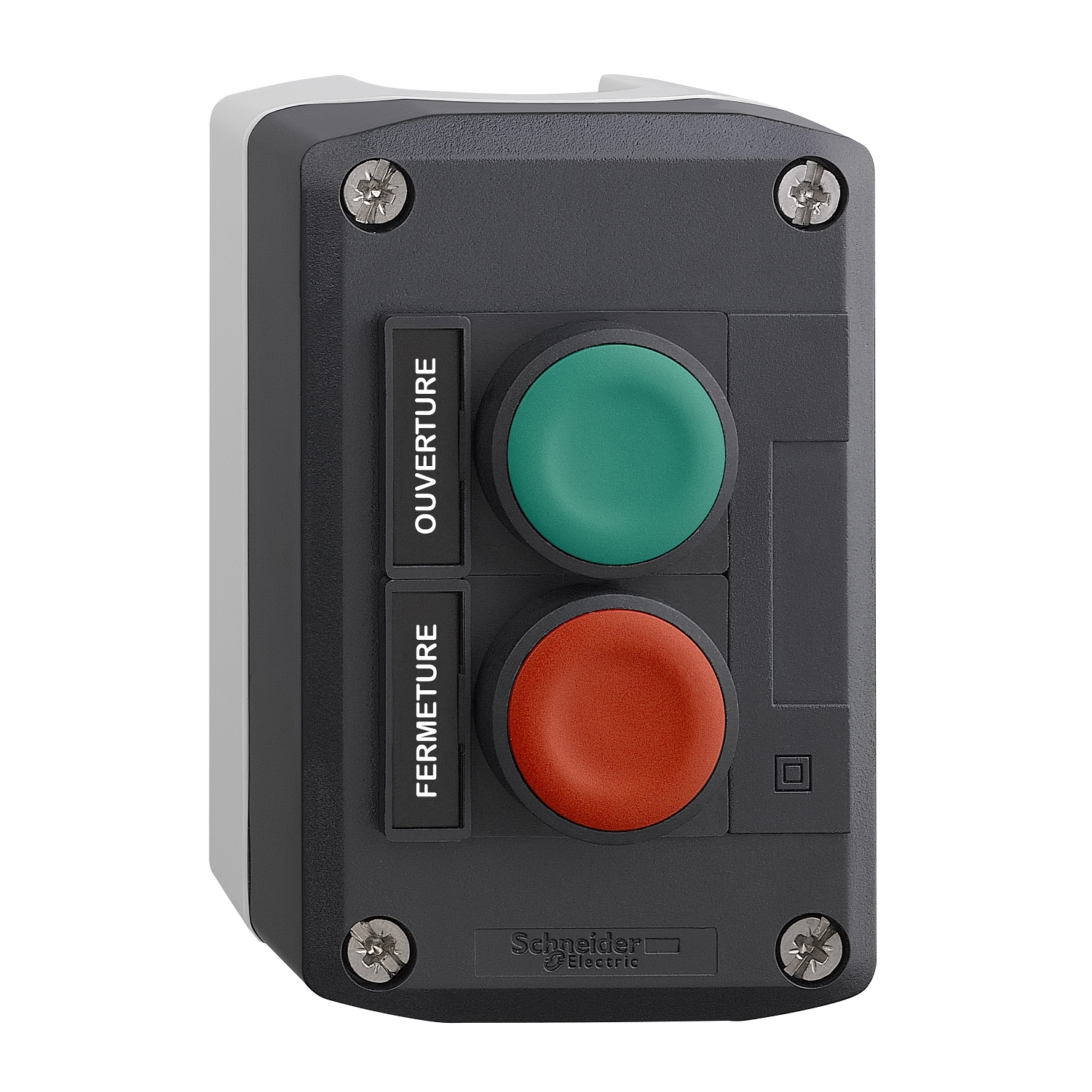 Schneider Electric Schneider Electric XALD241 – Complete control station, Harmony XALD, XALK, dark grey, flush push buttons 22mm spring return, green OUVERTURE 1NO red FERMETURE 1NO