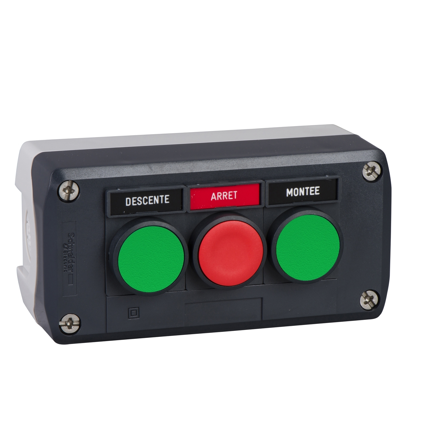 Schneider Electric Schneider Electric XALD321 – Complete control station, Harmony XALD, XALK, dark grey, flush push buttons 22mm, green MONTEE 1NO red ARRET 1NC green DESCENTE 1NO