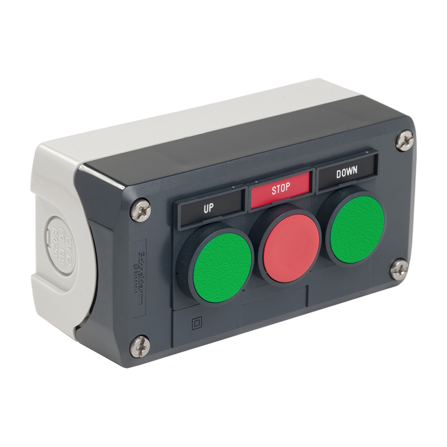 Schneider Electric Schneider Electric XALD321H29H7 – Control station, Harmony, plastic, dark grey, 3 flush push buttons, green NO, red NC, green NO, 22mm, spring return, legend holder, UL CSA certified