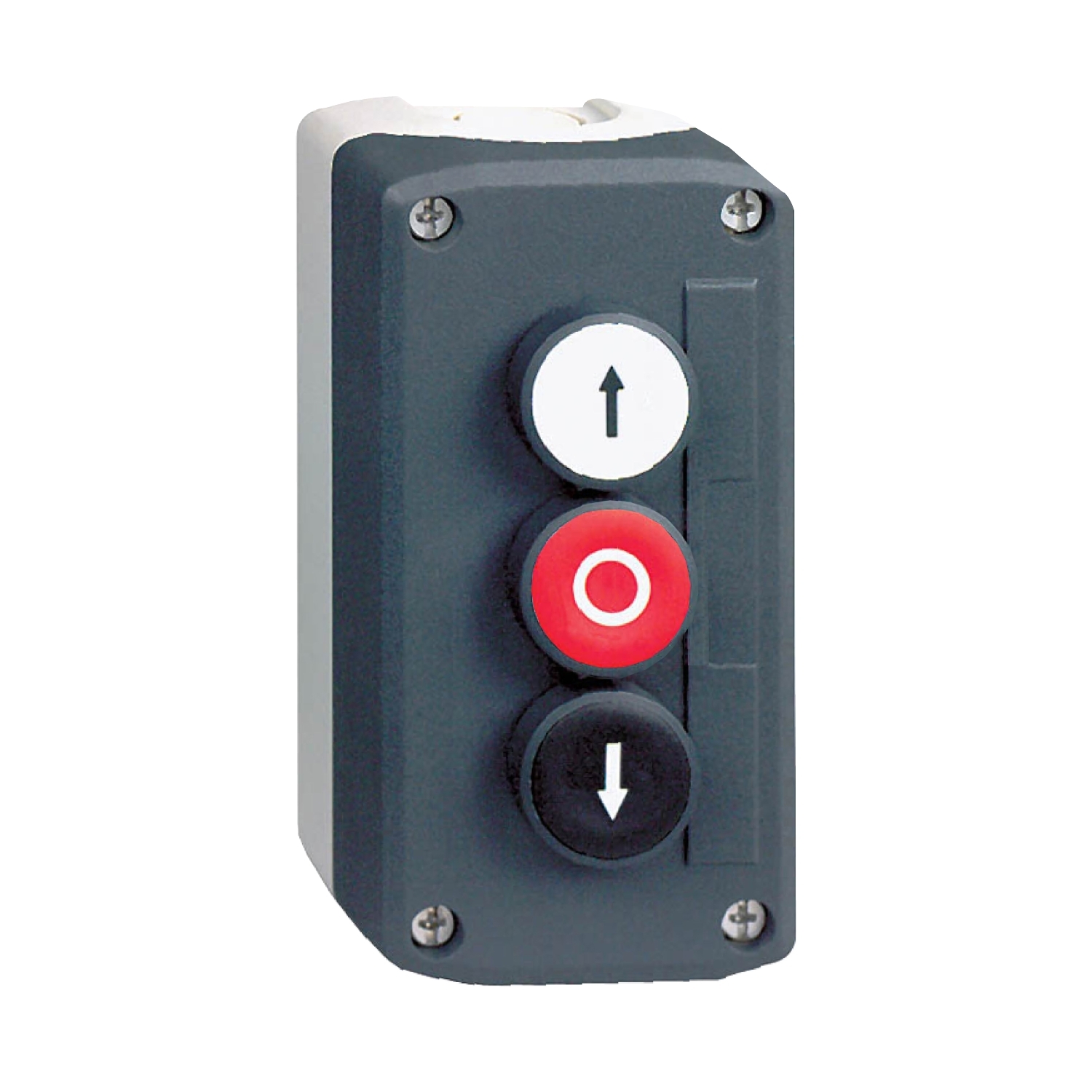 Schneider Electric Schneider Electric XALD324 – Harmony XALD, XALK, Control station, plastic, dark grey lid, 3 flush push buttons Ø22, marked UP ARROW O DOWN ARROW