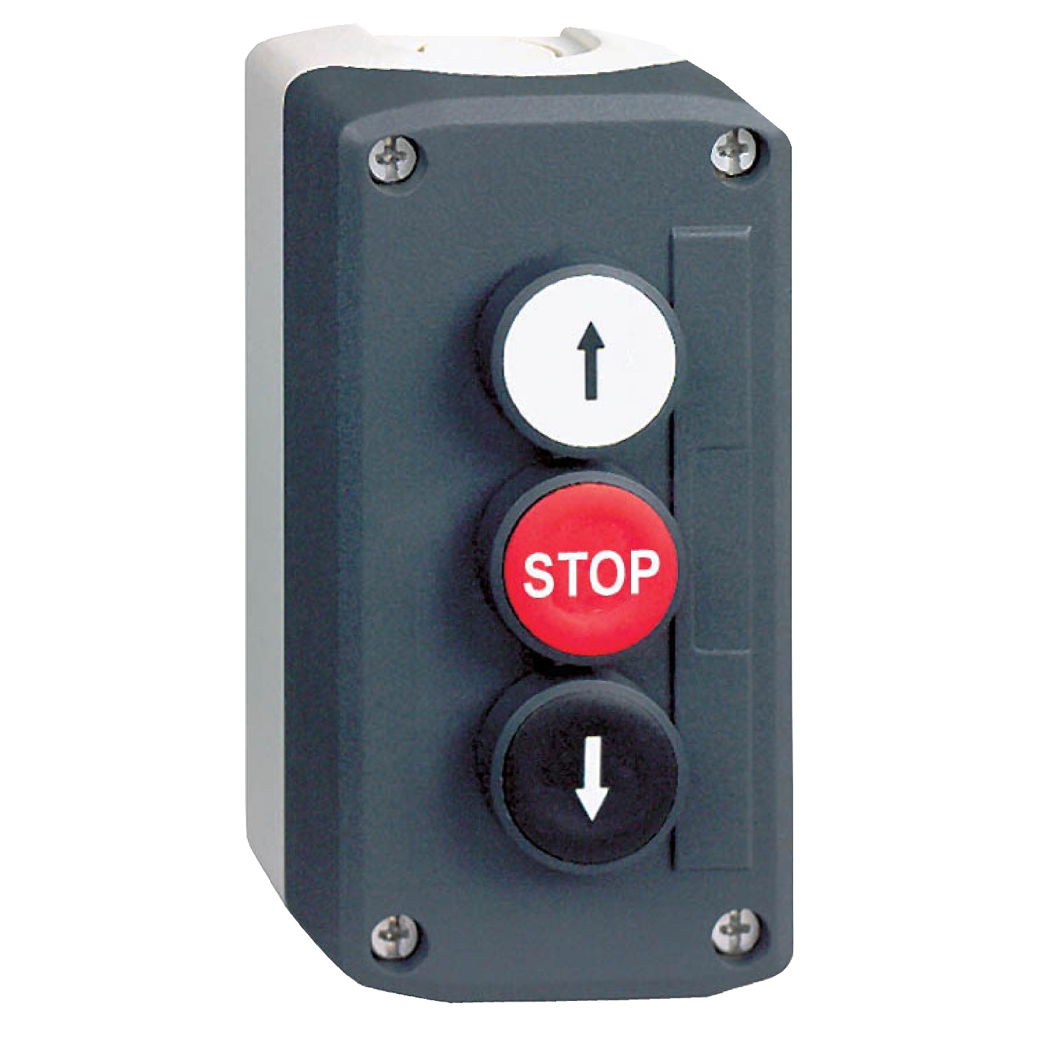Schneider Electric Schneider Electric XALD326 – Control station, Harmony, plastic, dark grey, 1 white flush UP ARROW 1 red flush STOP 1 black flush DOWN ARROW push buttons, 22mm, spring return