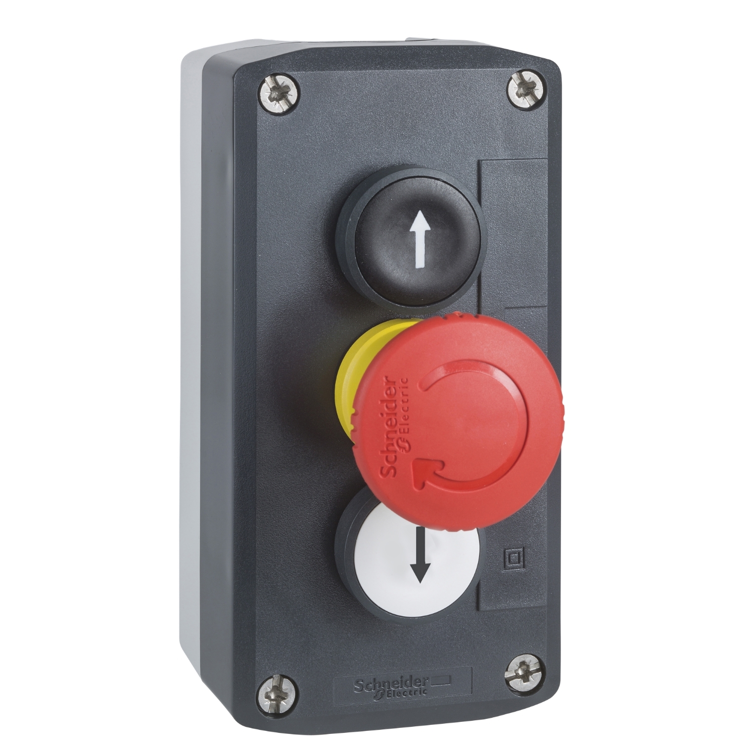 Schneider Electric Schneider Electric XALD328 – Control station, Harmony XALD, XALK, plastic, dark grey lid, 2 flush push buttons 22mm, marked UP ARROW DOWN ARROW, 1 red mushroom 30mm