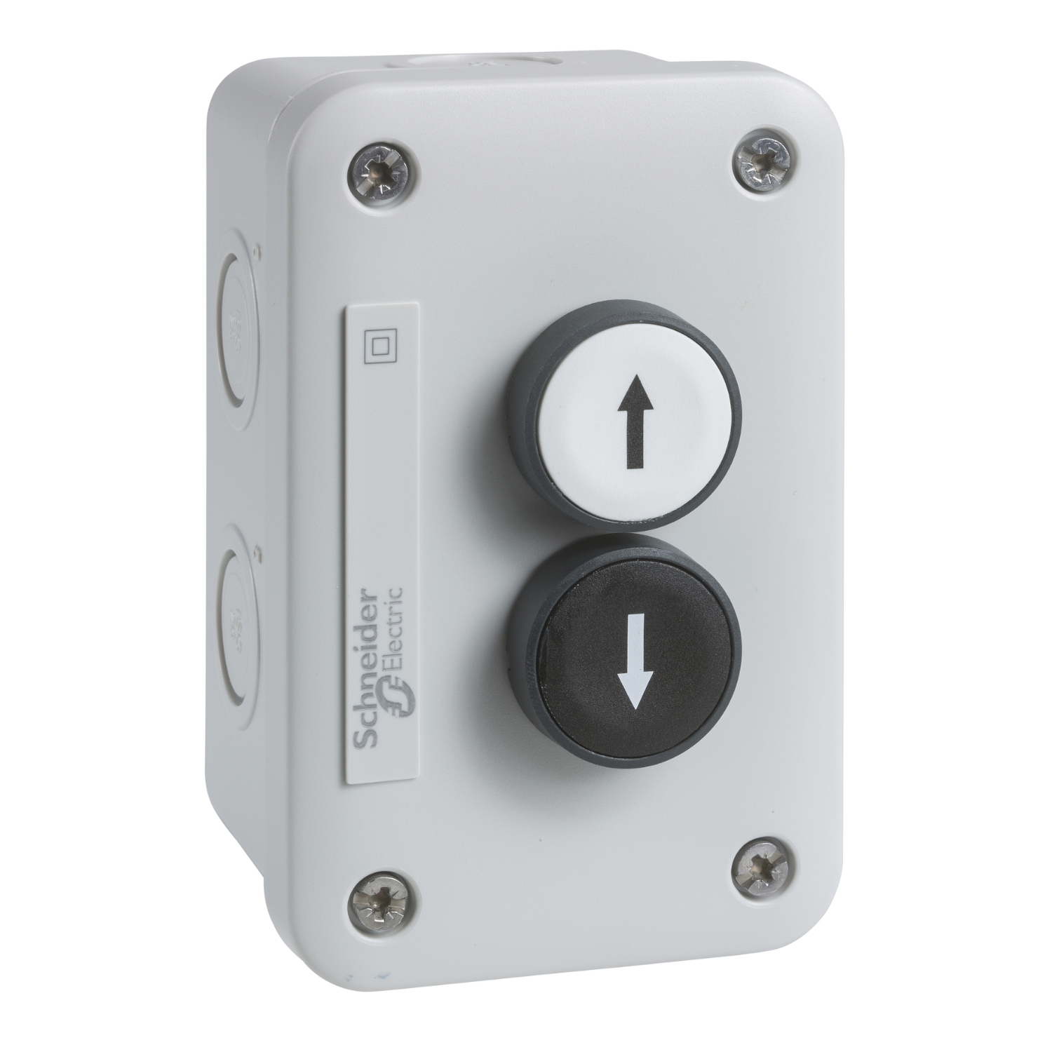 Schneider Electric Schneider Electric XALE2221 – Control station, Harmony XALE, for XB7 22mm, grey, 1 white pushbutton marked up arrow, 1 black pushbutton marked down arrow, 1NO + 1NO